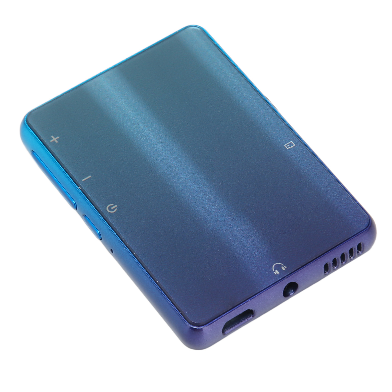 Blau-verlaufender MP3-Player mit Knöpfen und Kopfhöreranschluss. Der Bildschirm ist dunkel.