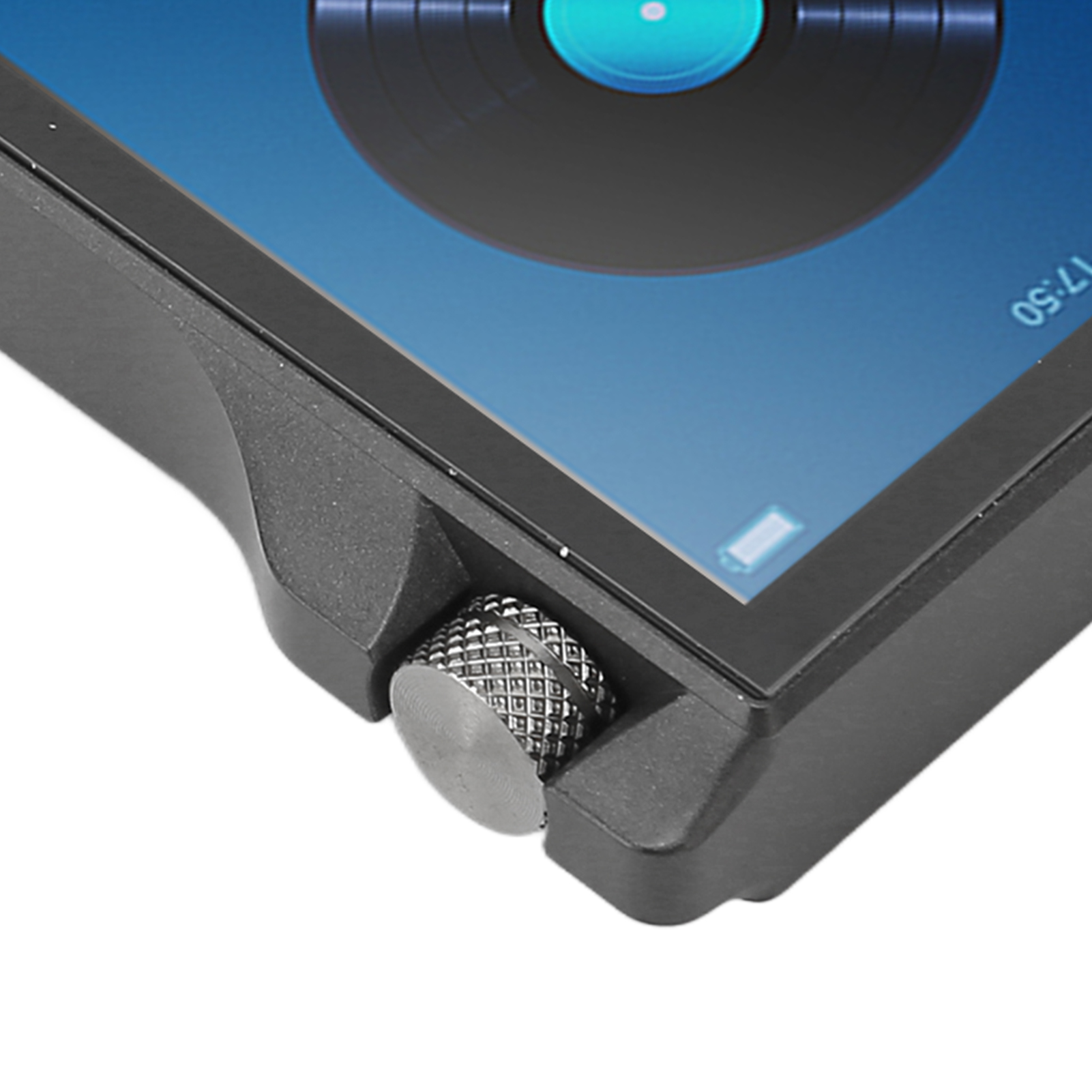 Ein schwarzer digitaler Mediaplayer mit einem silbernen Knopf und einem blauen Bildschirm, der eine Schallplatte zeigt.