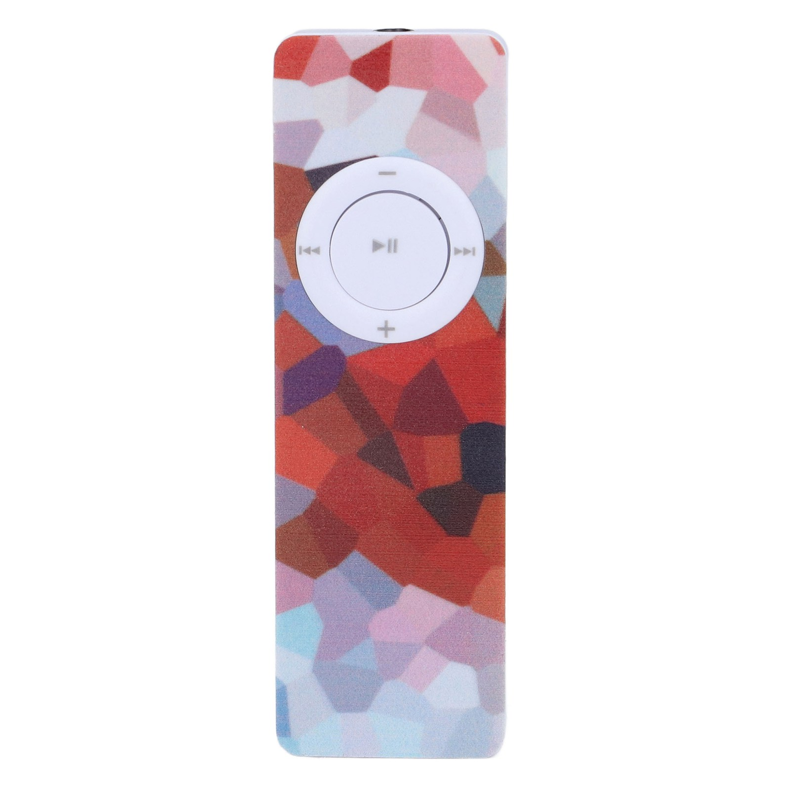 Ein kleiner, farbenfroher MP3-Player mit Steuerkreuz und Display. Rote, orange und weiße Farben.