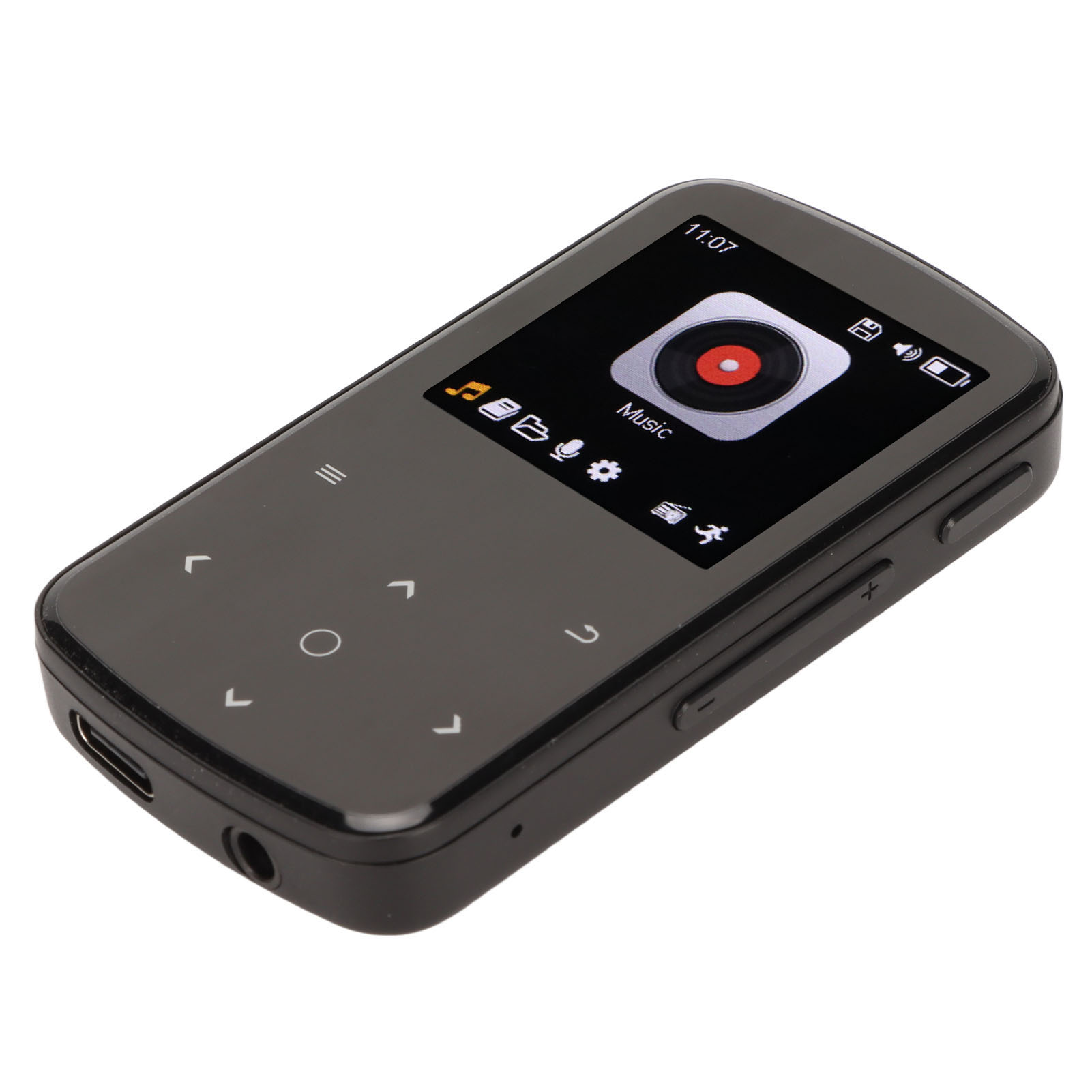 Schwarzer tragbarer Musikplayer mit Bildschirm und mehreren Tasten.