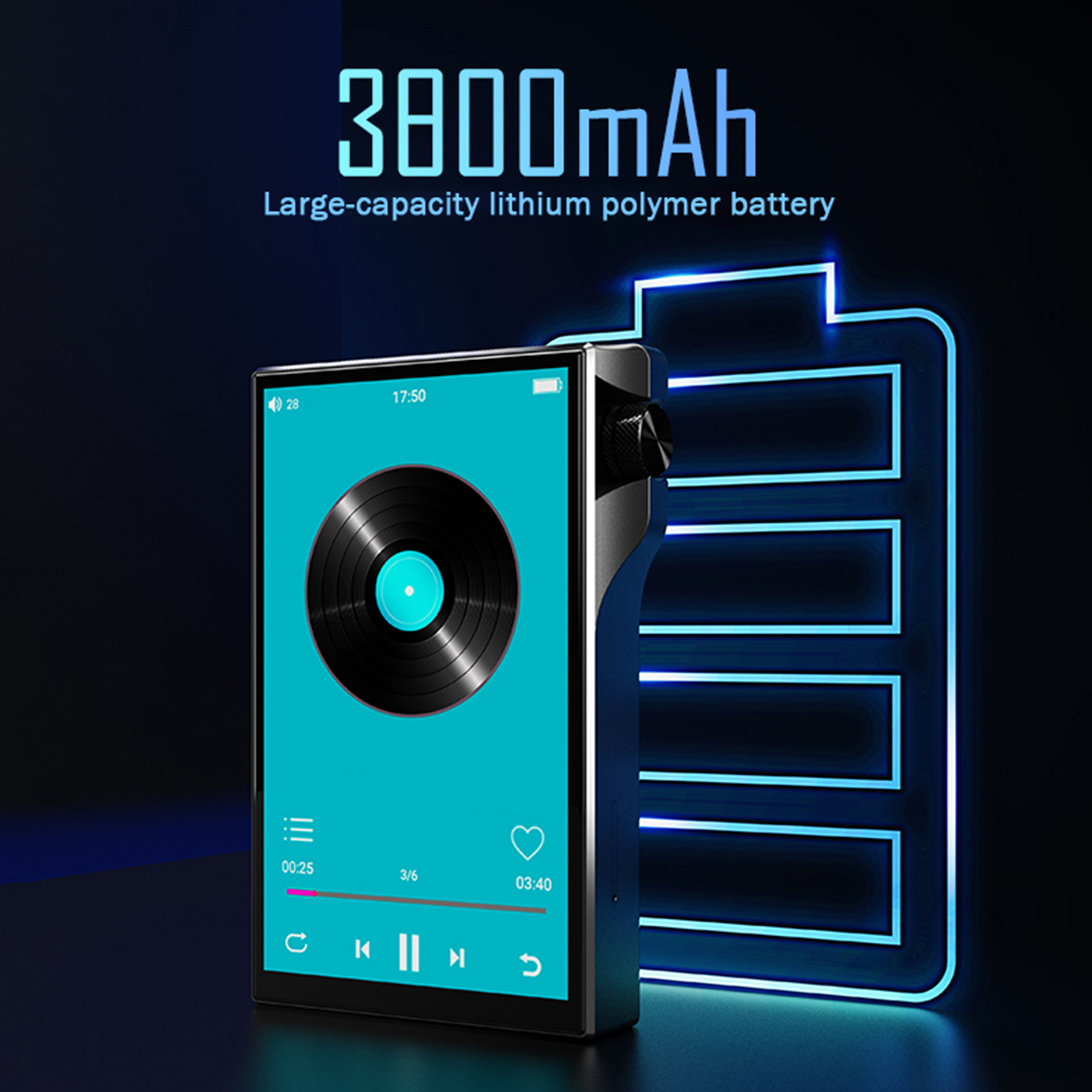 Ein türkisblauer MP3-Player mit Bildschirm, der Musiksteuerung und Vinyl-Icon zeigt.