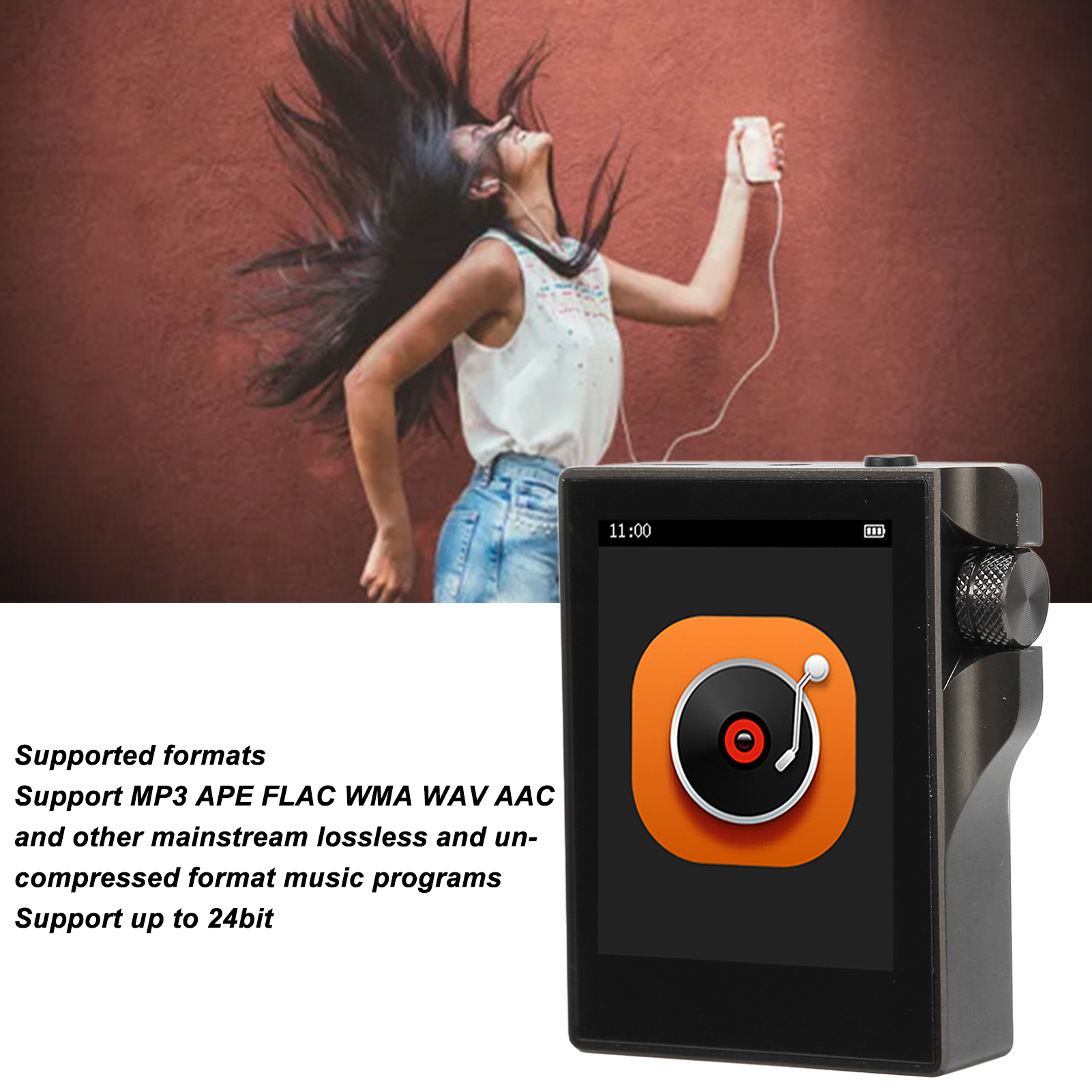 Schwarzer MP3-Player mit Bildschirm, der ein Plattensymbol zeigt. Im Hintergrund eine Frau mit Kopfhörern.