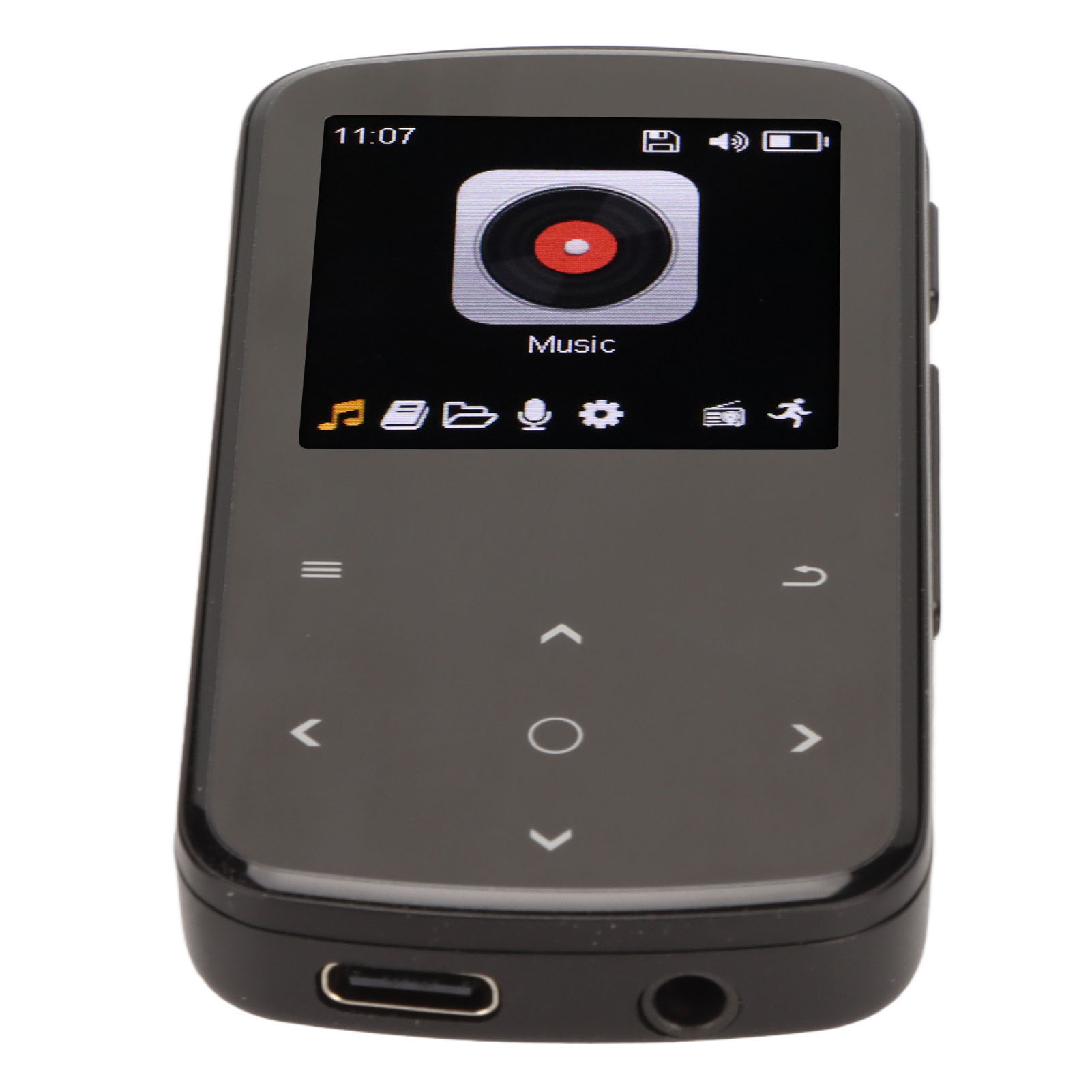 Schwarzer MP3-Player mit Bildschirm, der die Musikoberfläche und Steuertasten zeigt.