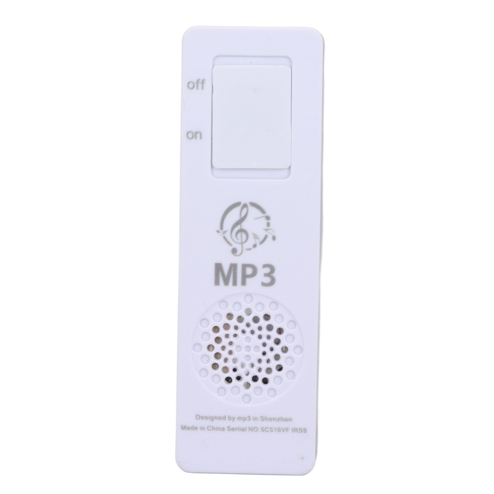 Weißer MP3-Player mit Ein/Aus-Schalter und Lautsprecherlöchern, entworfen in Shenzhen.