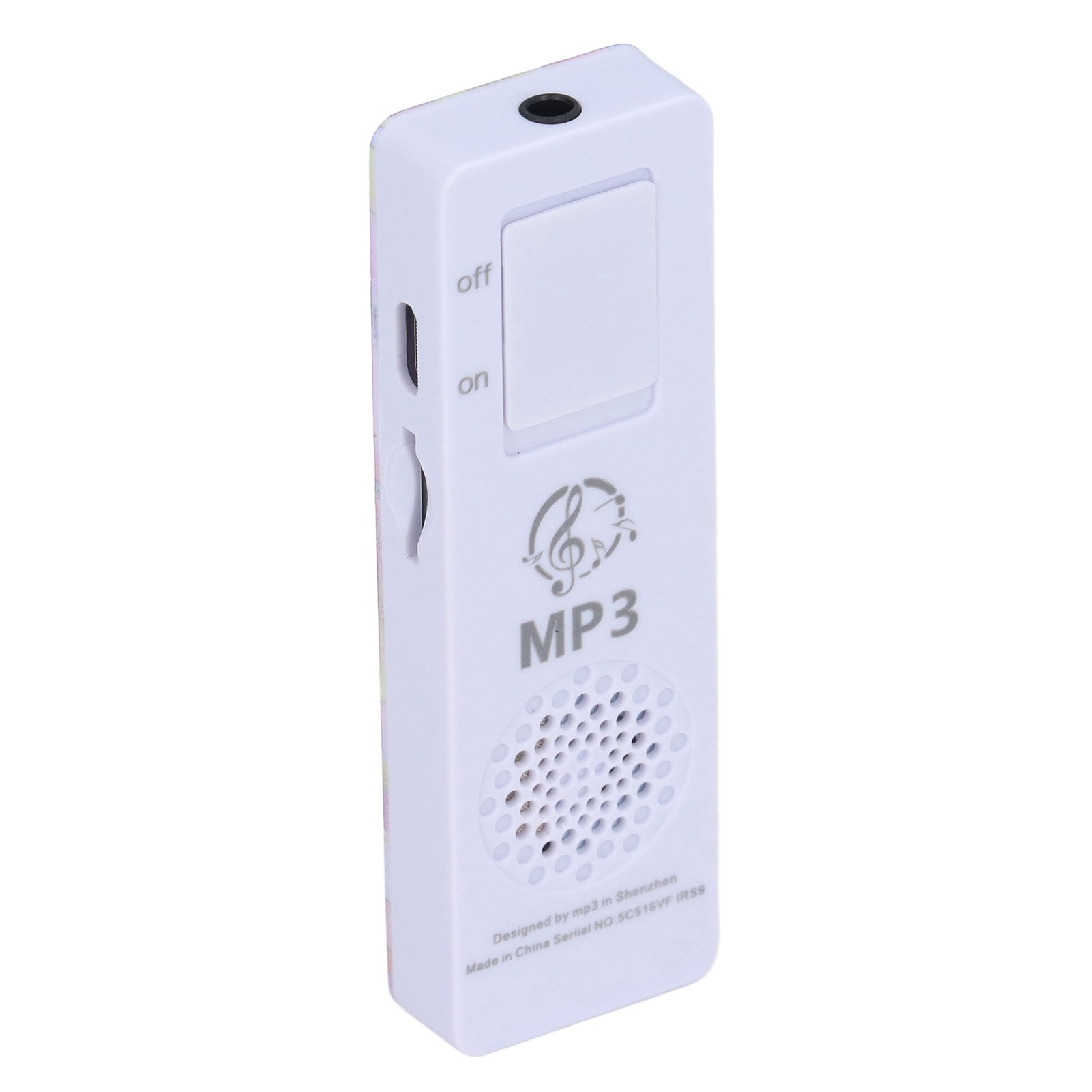 Kleiner weißer MP3-Player. Hat einen Ein-/Ausschalter, Knöpfe und einen Lautsprecher. Text: MP3.