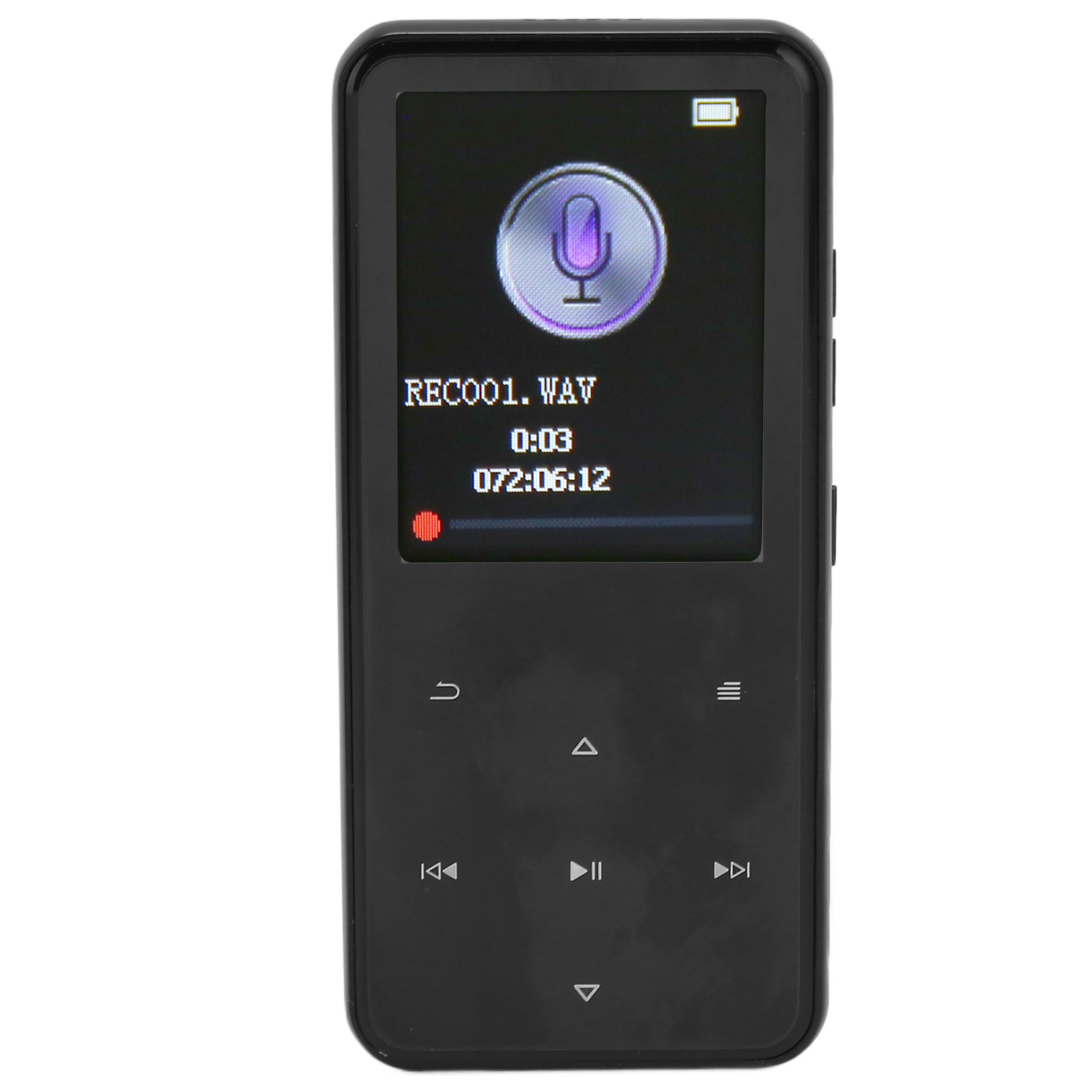 Ein schwarzer MP3-Player mit Bildschirm, der Aufnahmeinformationen anzeigt. Es hat Steuertasten. Der Akku ist voll.