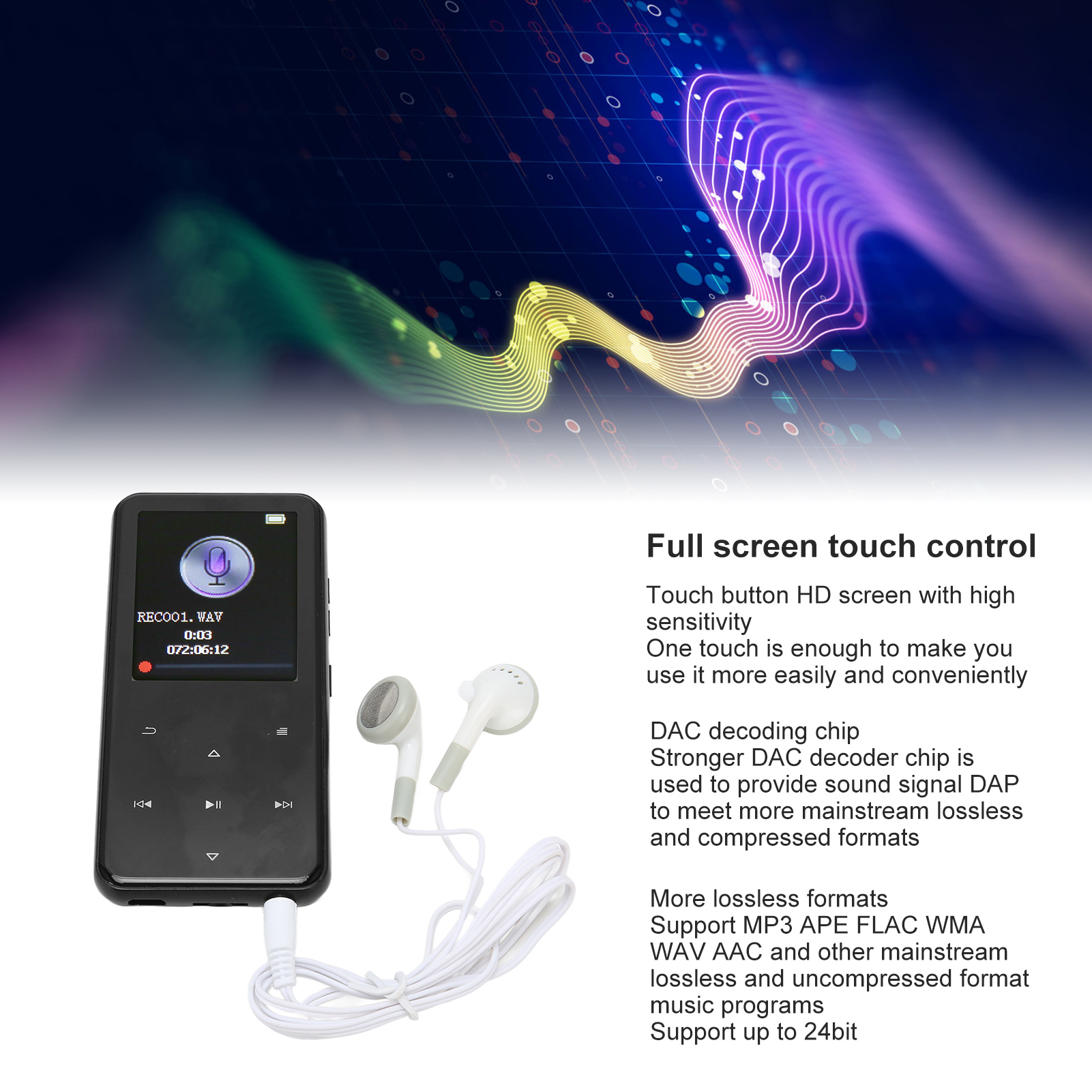 Schwarzer MP3-Player mit weißen Ohrhörern. Der Player hat einen Bildschirm mit Musikoberfläche. Merkmale: Touchscreen, DAC.