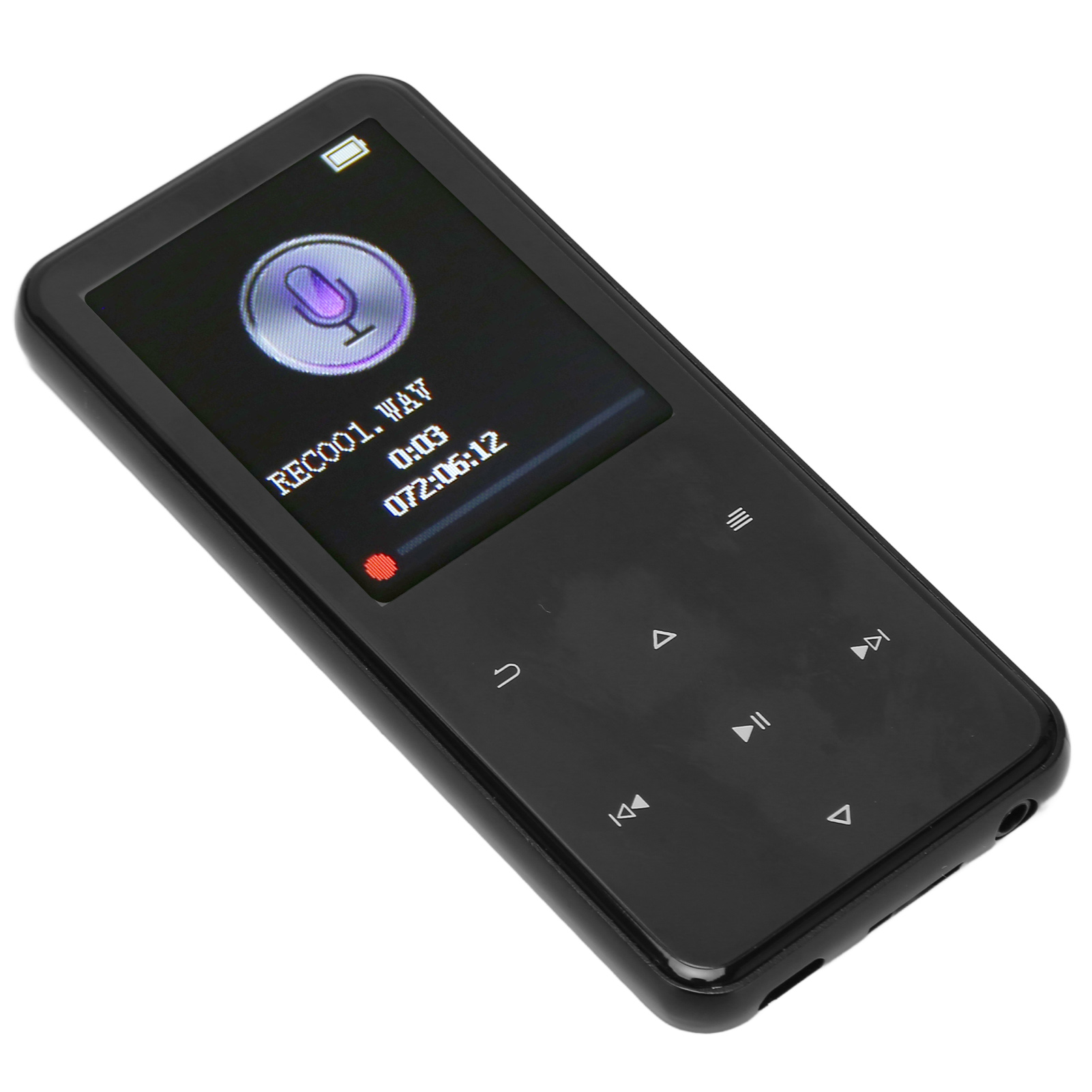 Ein schwarzer MP3-Player mit einem Bildschirm, der REC001.WAN, Zeit und Steuertasten anzeigt.