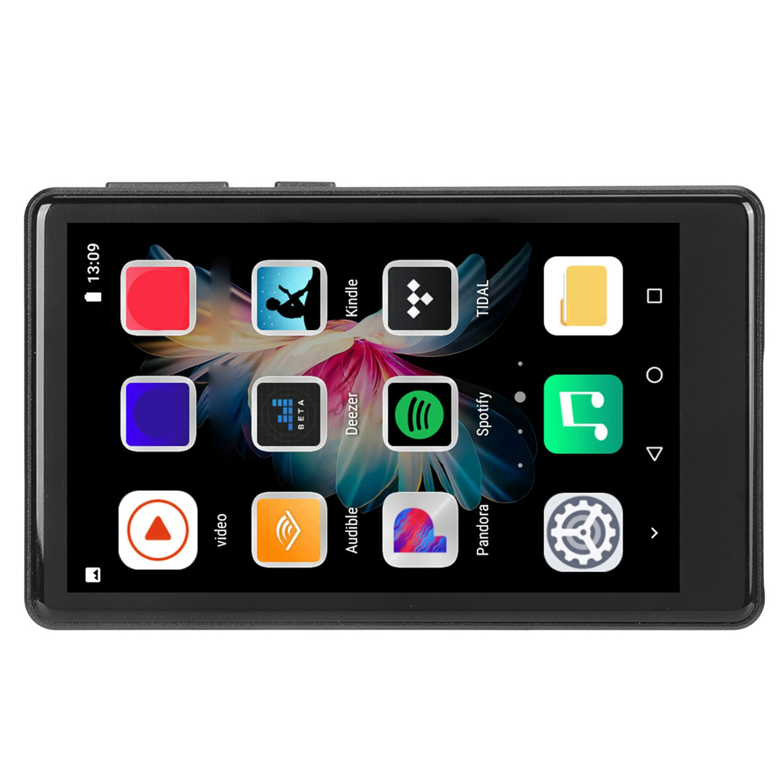 Ein schwarzes Telefon mit Touchscreen, das App-Symbole anzeigt.