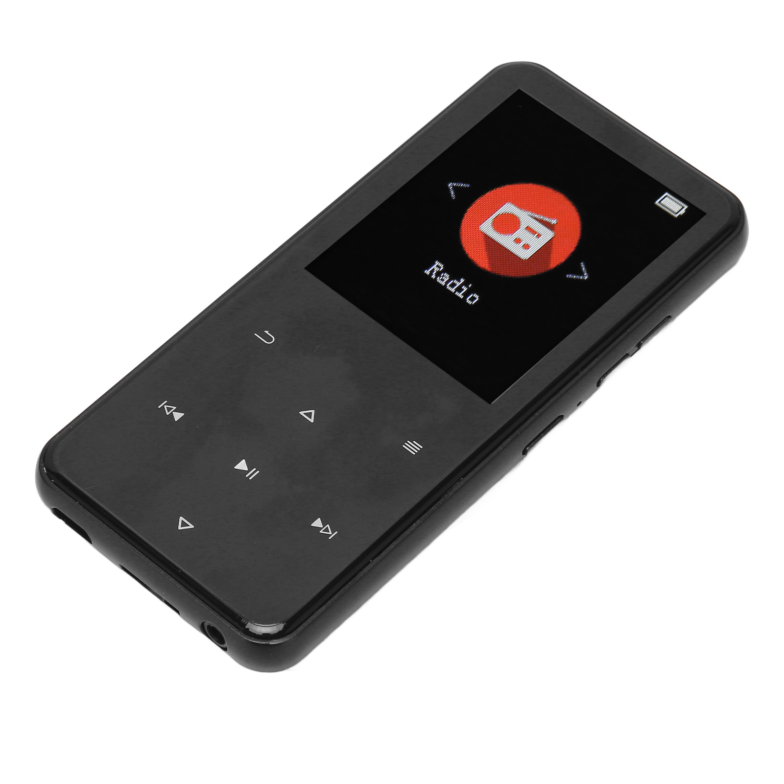 Schwarzer MP3-Player mit Bildschirm, der ein rotes Radiosymbol zeigt. Hat Navigations- und Steuertasten.