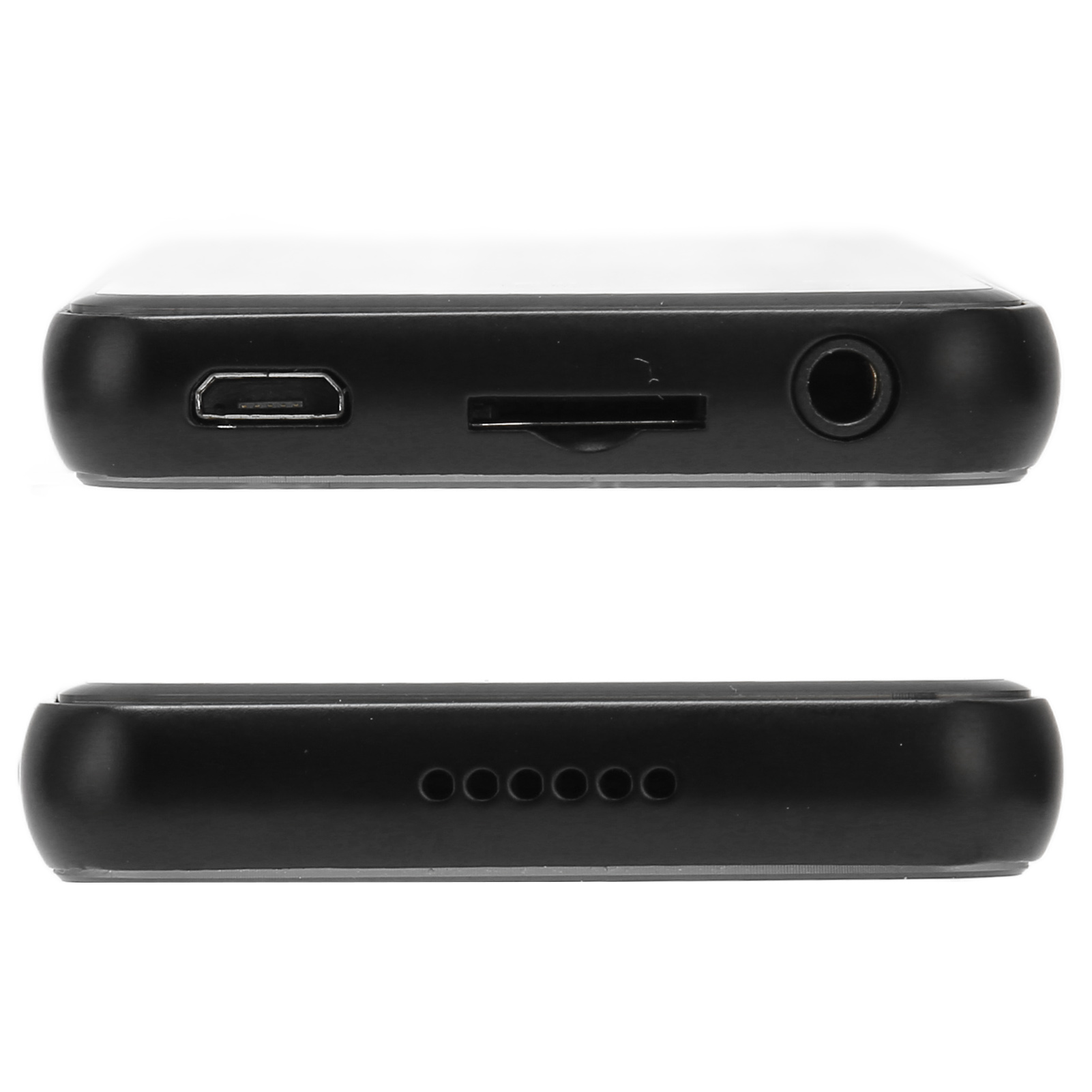 Ein schwarzes Gerät mit Anschlüssen und Knöpfen. Die Oberseite hat einen USB-Anschluss, einen SD-Kartensteckplatz und eine Kopfhörerbuchse.