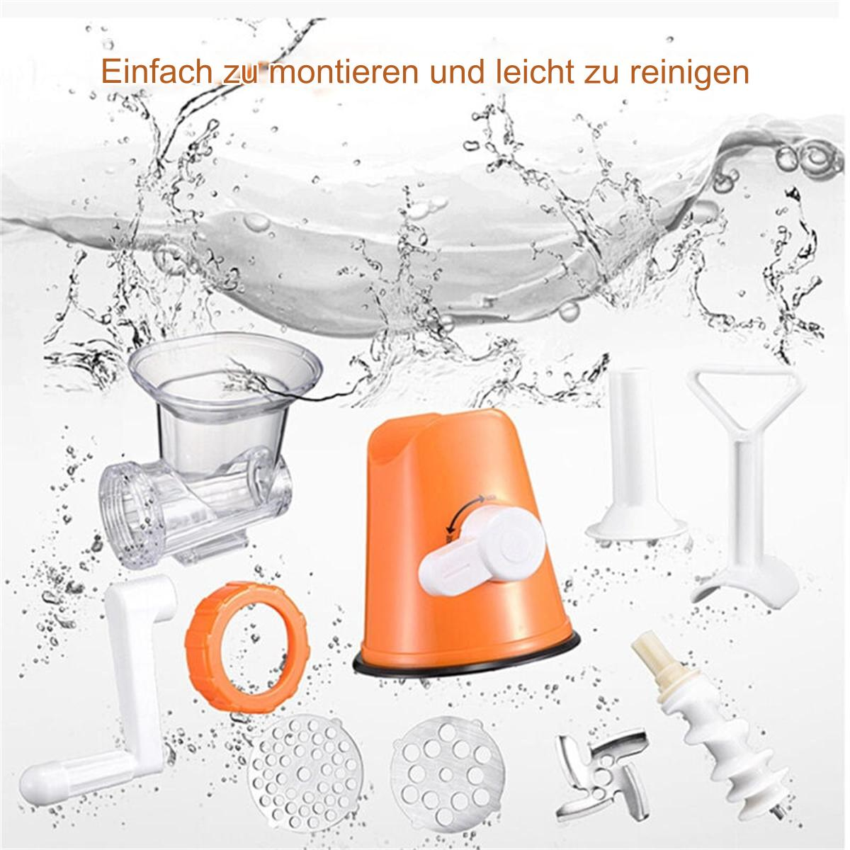 Zerlegter Küchenroboter, orangefarbene Basis, weiße Teile und transparenter Behälter.