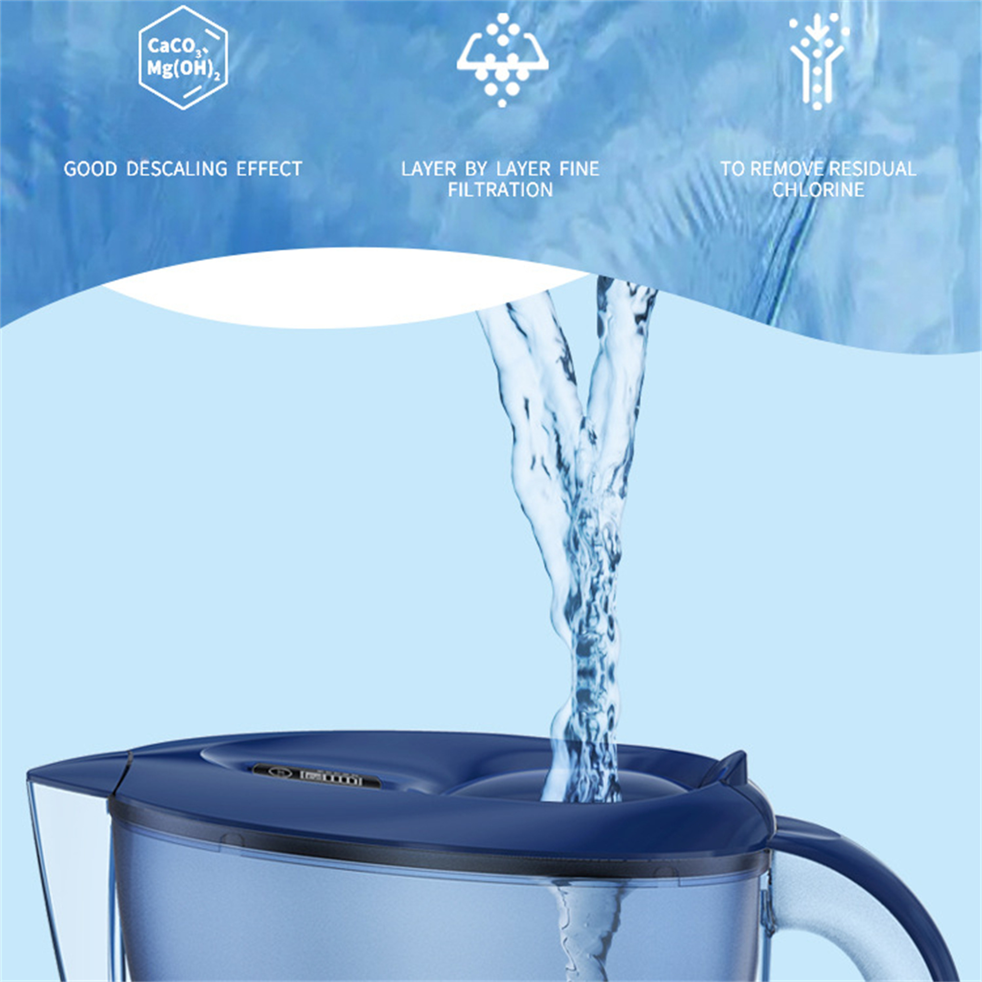 Wasser gießt in einen blauen Wasserfilter-Krug. Text über Filtration und Entkalkung.