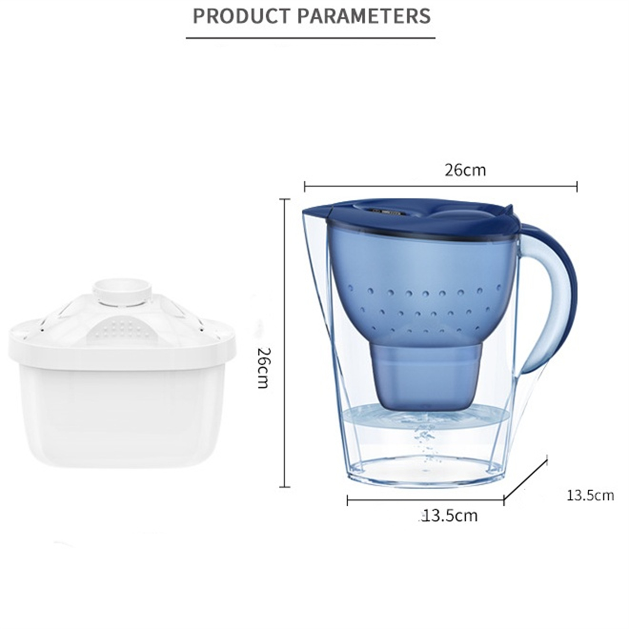 Wasserfilterkanne mit Maßen. Weißer Filter links.