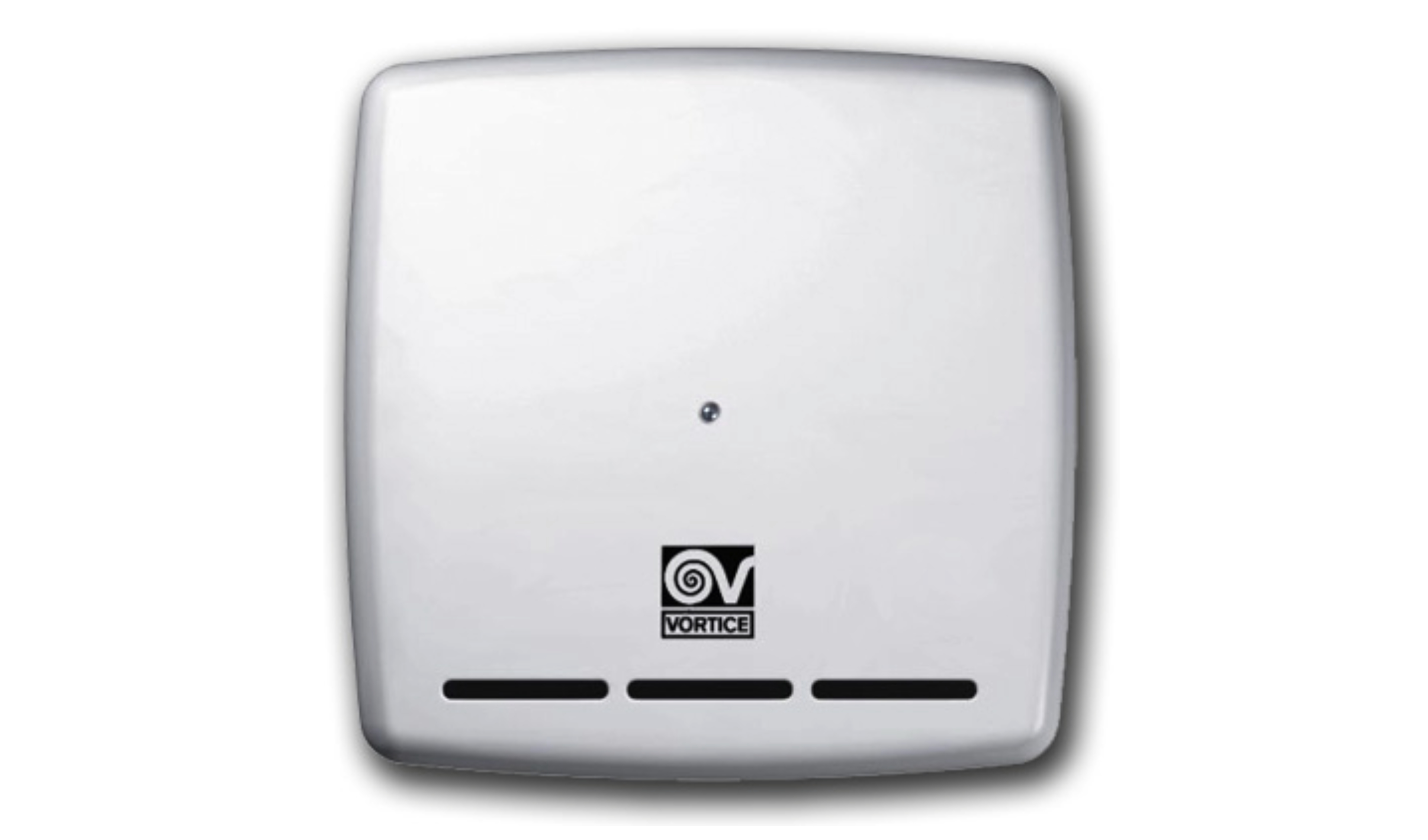 Weißer, quadratischer Händetrockner an der Wand montiert. Mit Logo und drei Lüftungslöchern.