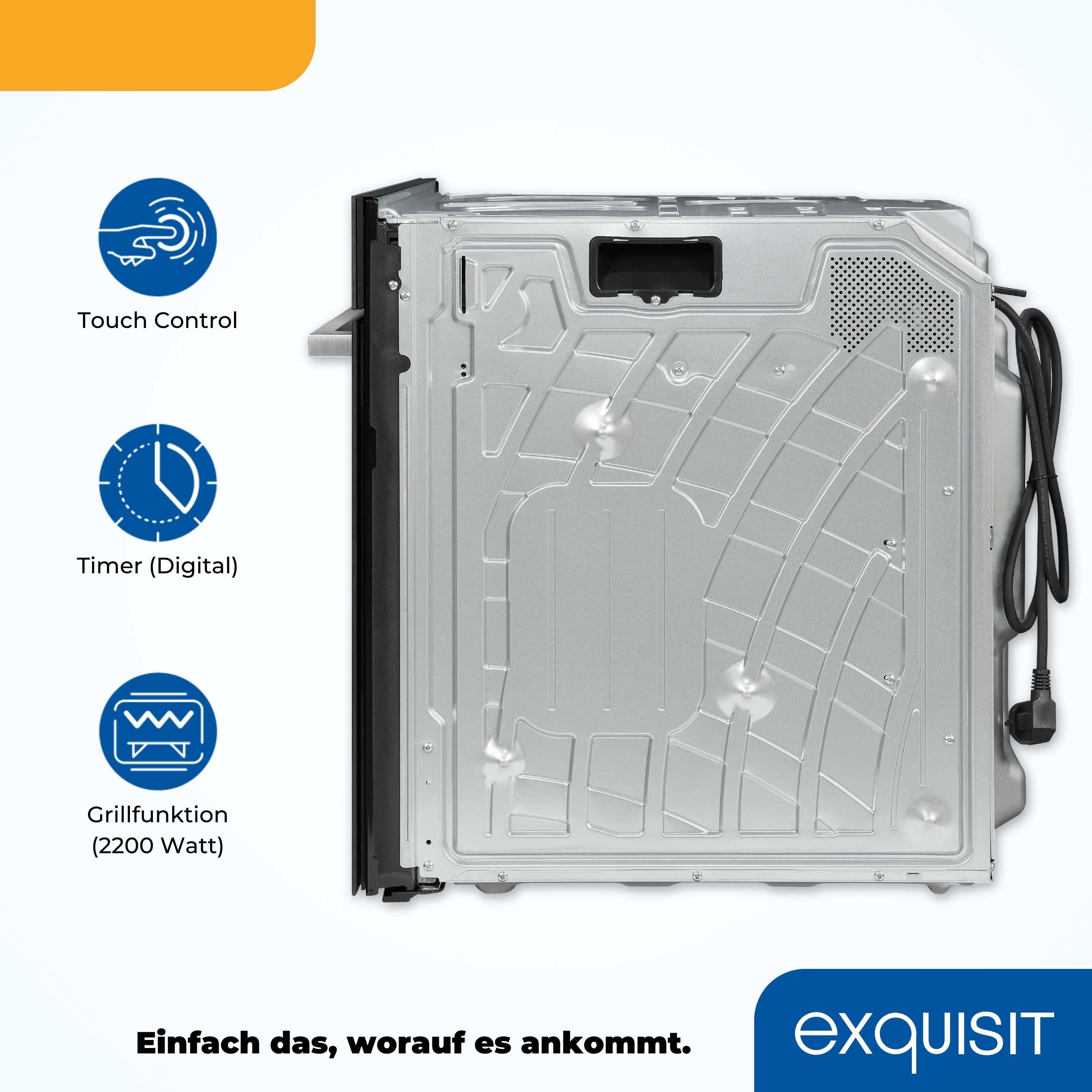 Rückseite eines Ofens mit Touch-Steuerung, digitalem Timer und Grillfunktion-Etiketten.