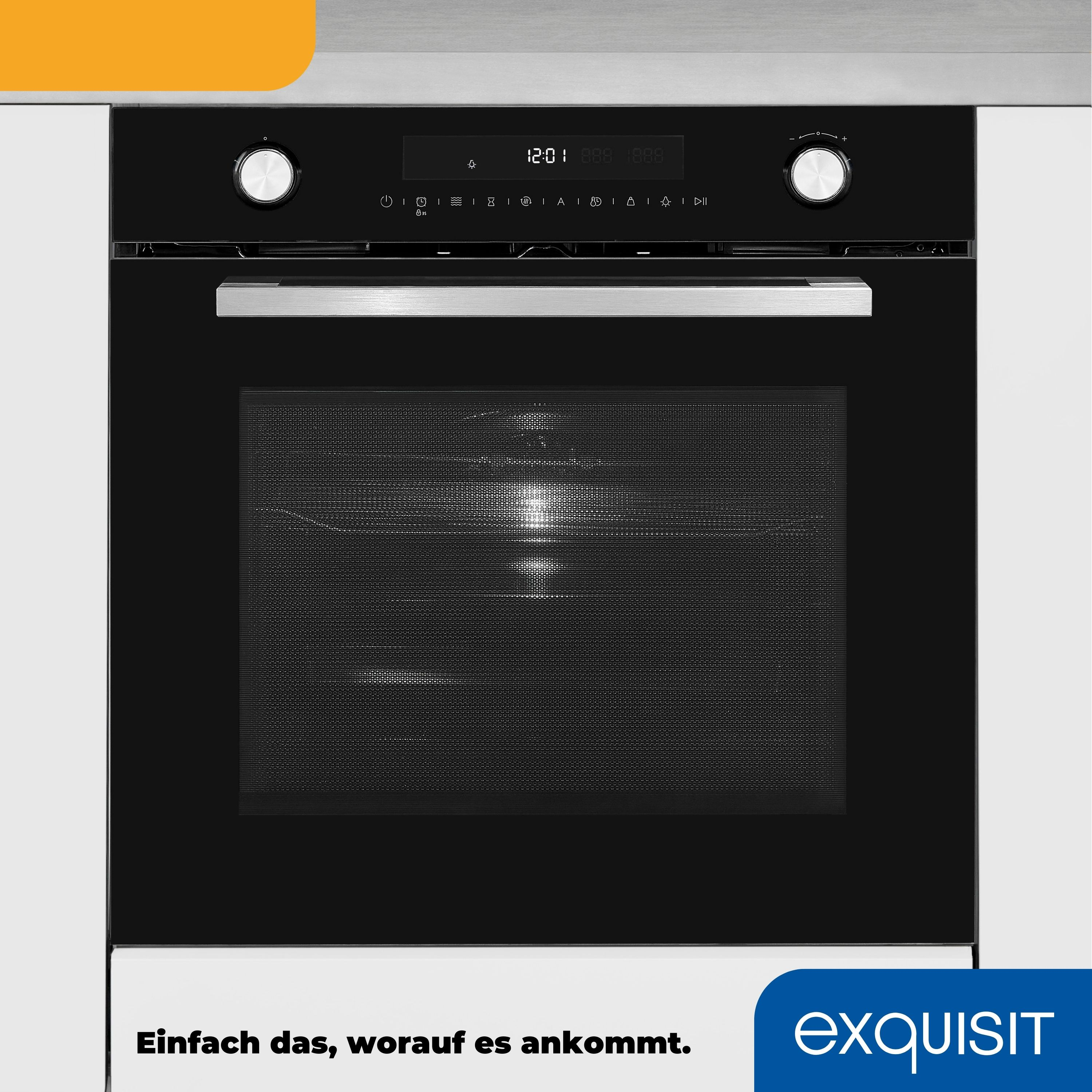 Schwarzer Einbaubackofen mit Glastür. Silberner Griff und Bedienknöpfe. Text: Exquisit.