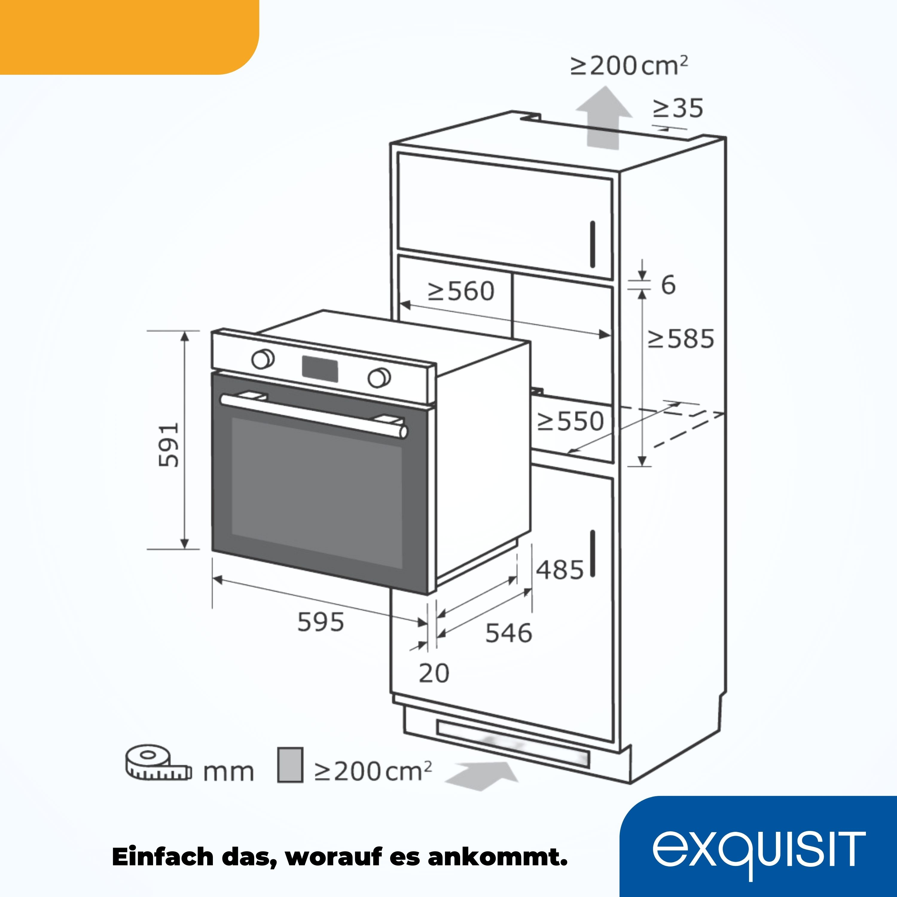 Diagramm eines Einbauofens und eines Kühlschranks, mit Abmessungen und Text auf Deutsch.
