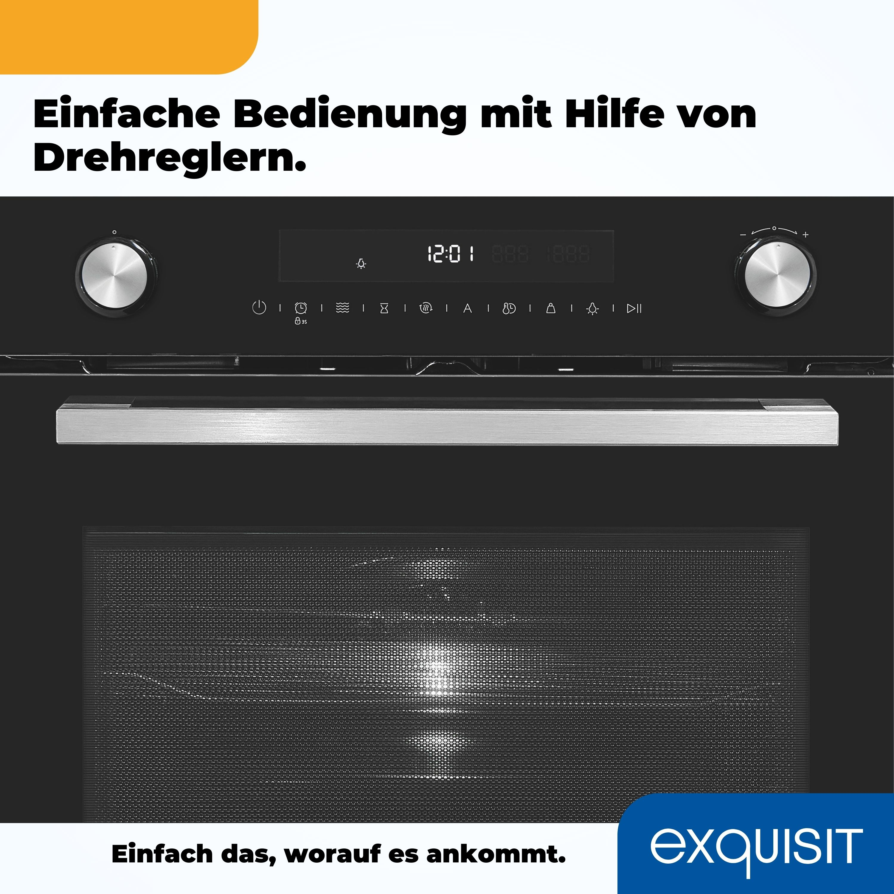 Schwarzer Backofen mit Drehreglern und digitaler Anzeige der Uhrzeit. Text: „exquisit“.