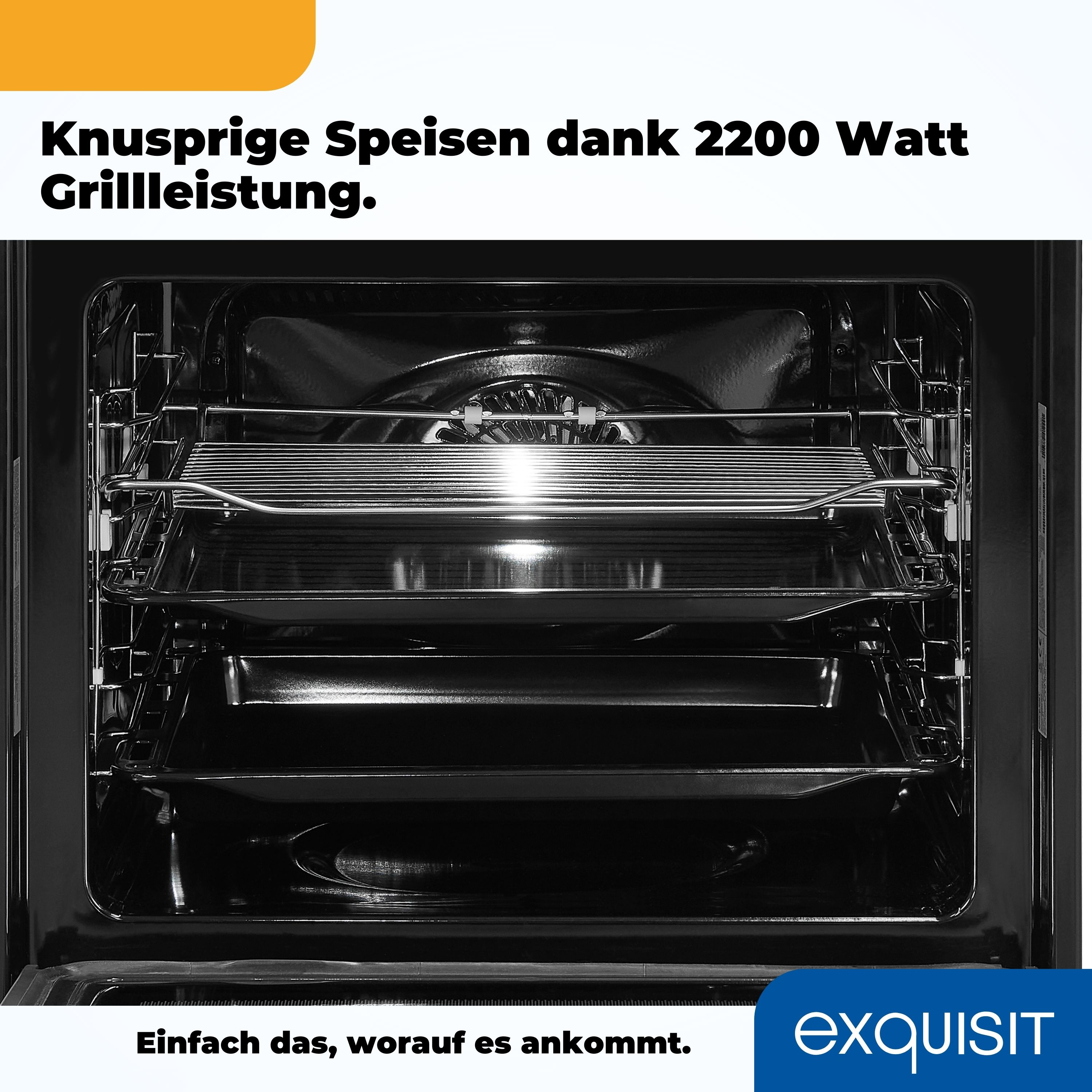 Innenansicht des Ofens. Metallroste, Tabletts und ein Ventilator sind sichtbar. Der Hintergrund ist dunkel.