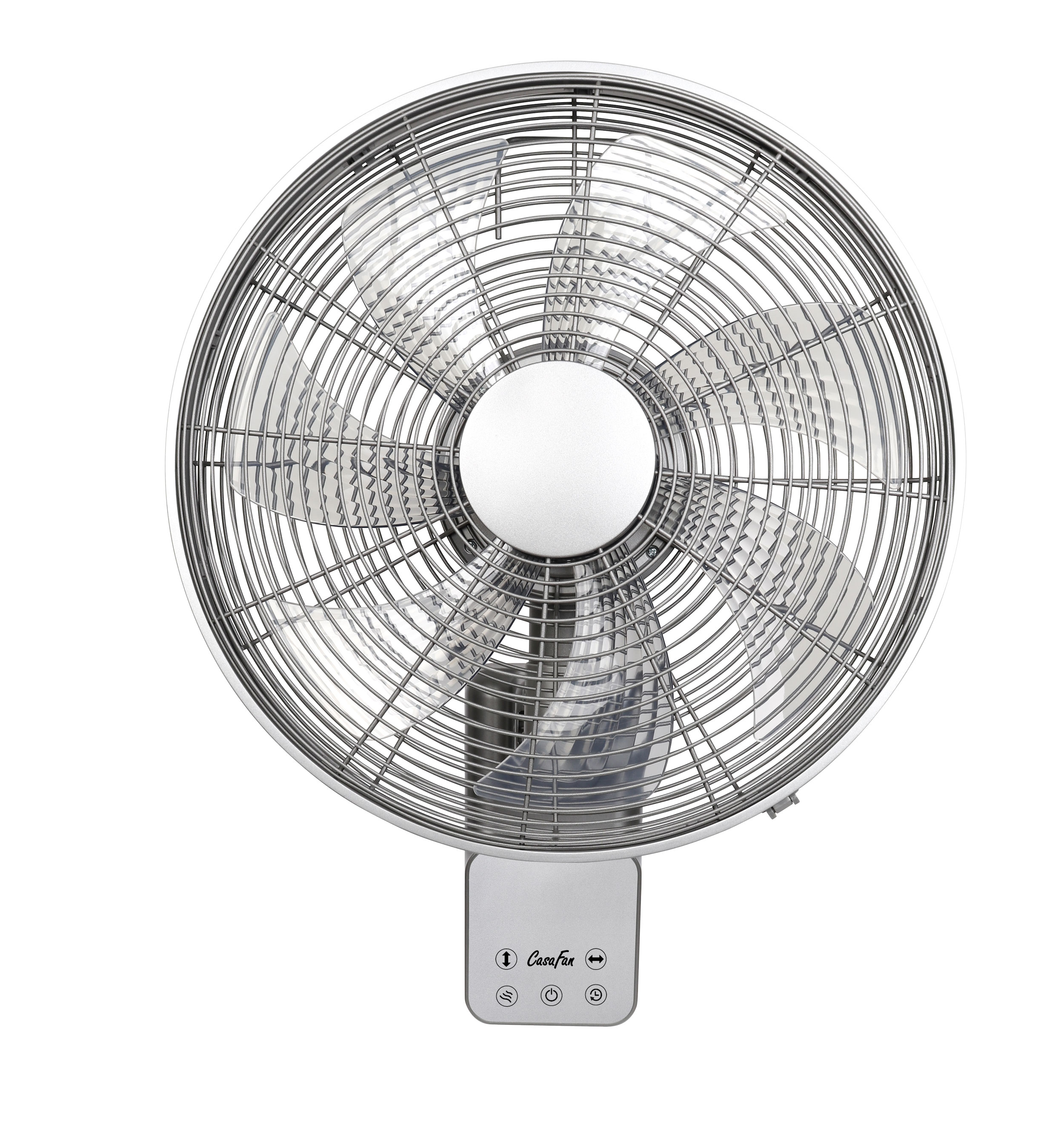 Ein silberner Wandventilator mit kreisförmigem Gitter und Bedienfeld darunter.