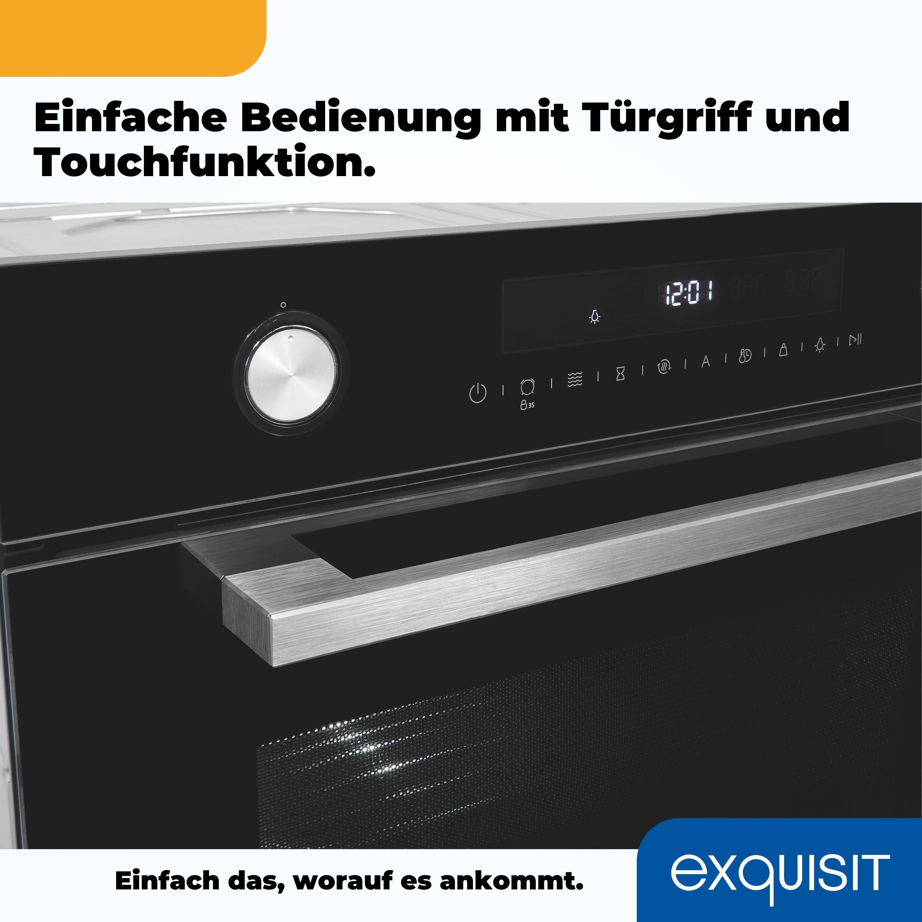 Nahaufnahme eines schwarzen Ofenbedienfelds mit Digitalanzeige und Metallgriff. Knöpfe sind gezeigt.