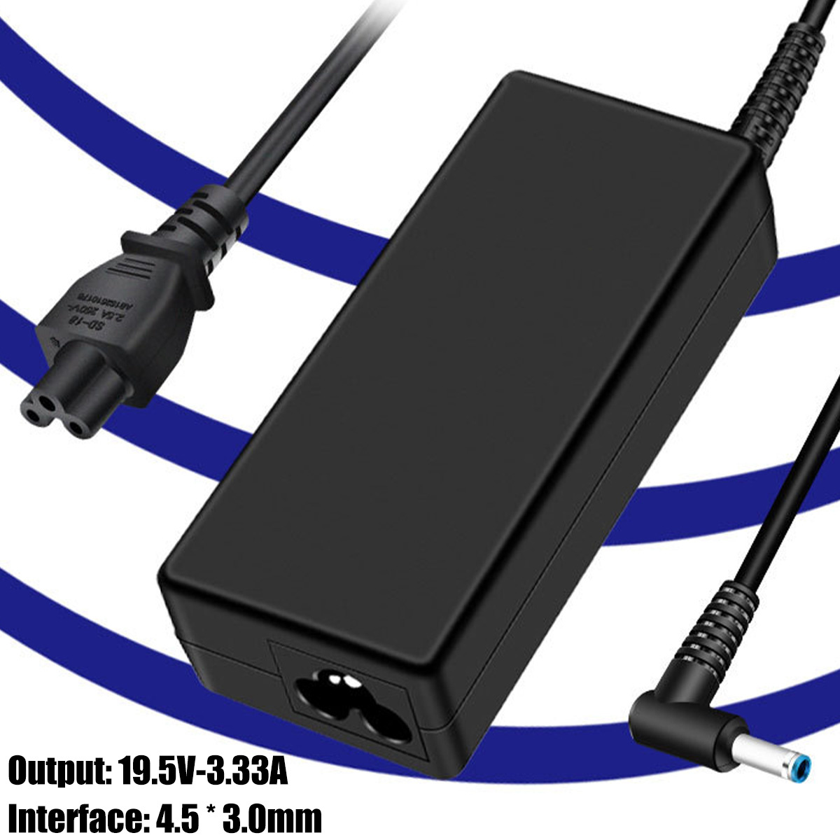 Schwarzes Laptop-Ladegerät mit zwei Kabelenden: eines mit drei Stiften, eines mit Winkelstecker.