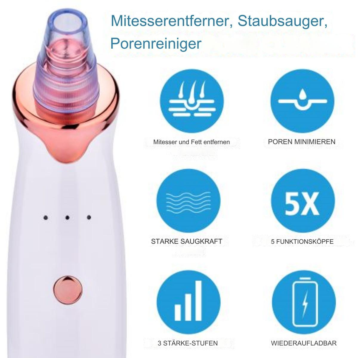 Gesichtsporenreiniger mit Funktionssymbolen, weiß und gold, mit roségoldenen Akzenten.