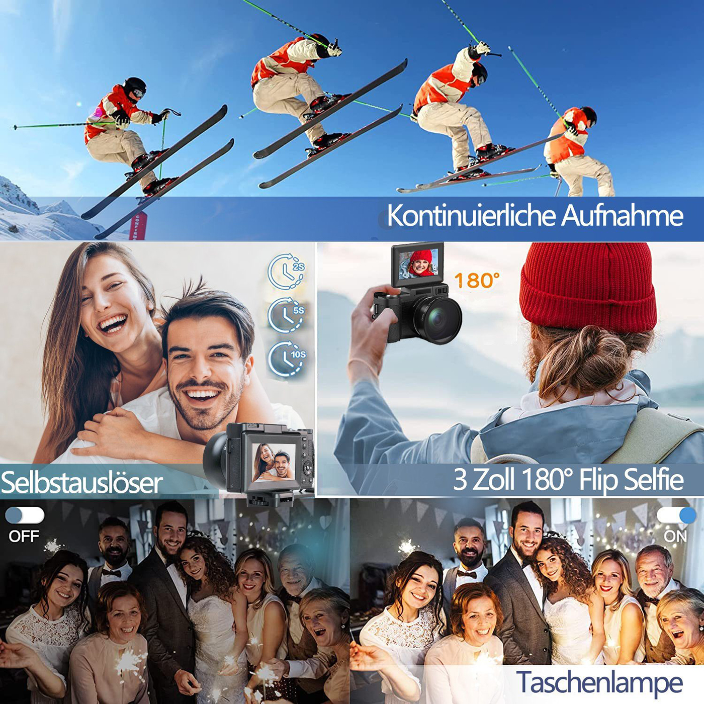 Mehrere Bilder zeigen Skifahren, Selfie-Kamera und Hochzeitsszenen. Text-Overlays und Personen.