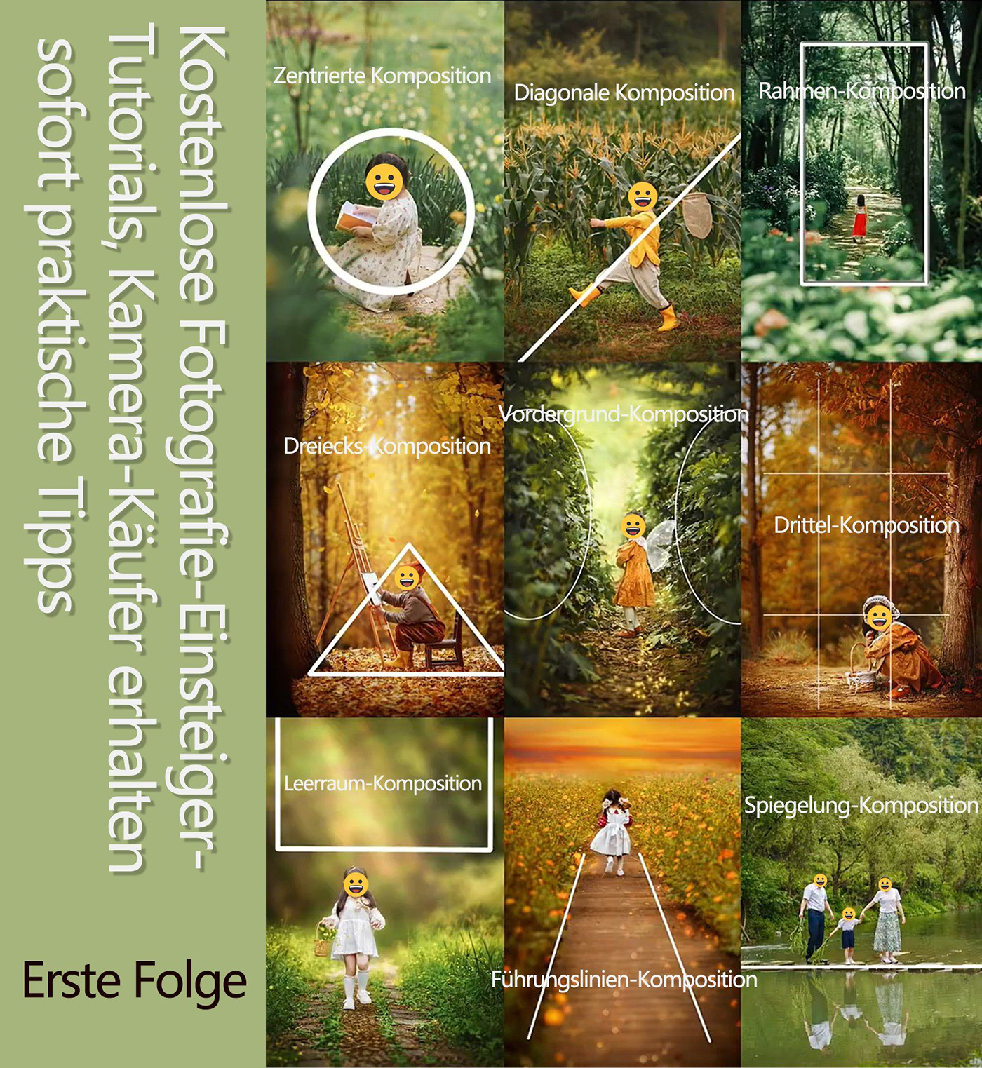 Eine Collage mit Bildern von Menschen, mit deutschem Text und Diagrammen, die fotografische Kompositionstechniken zeigen.