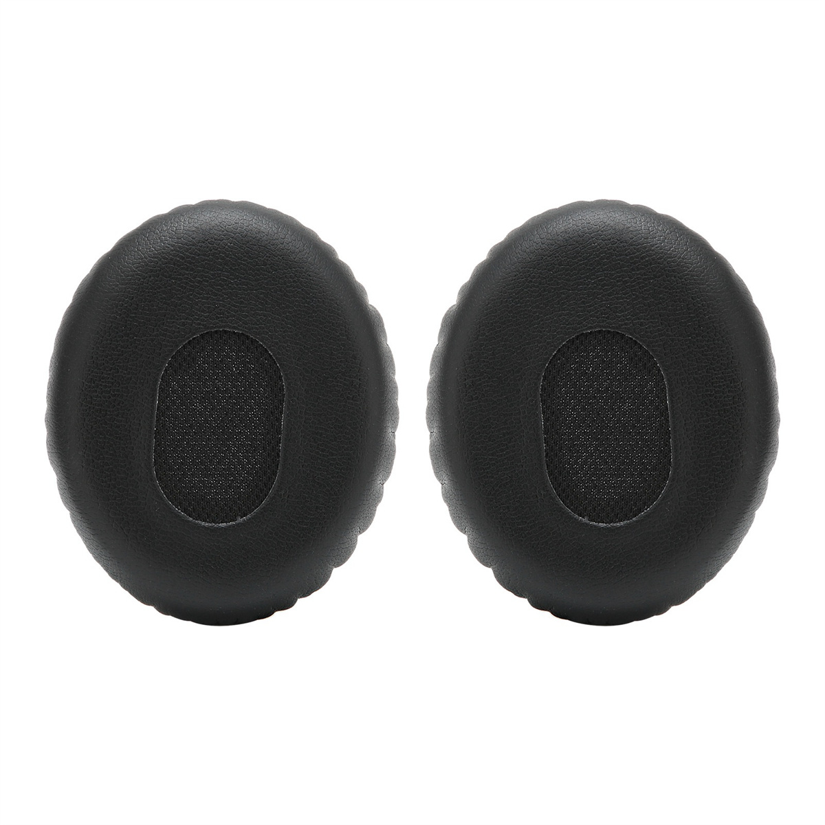 Zwei schwarze Kopfhörerkissen. Die Kissen sind rund und aus Leder.