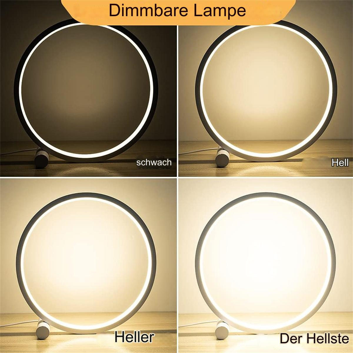 Vier Bilder eines Ringlichts. Verschiedene Helligkeitsstufen werden gezeigt. Weißer und schwarzer Rahmen.