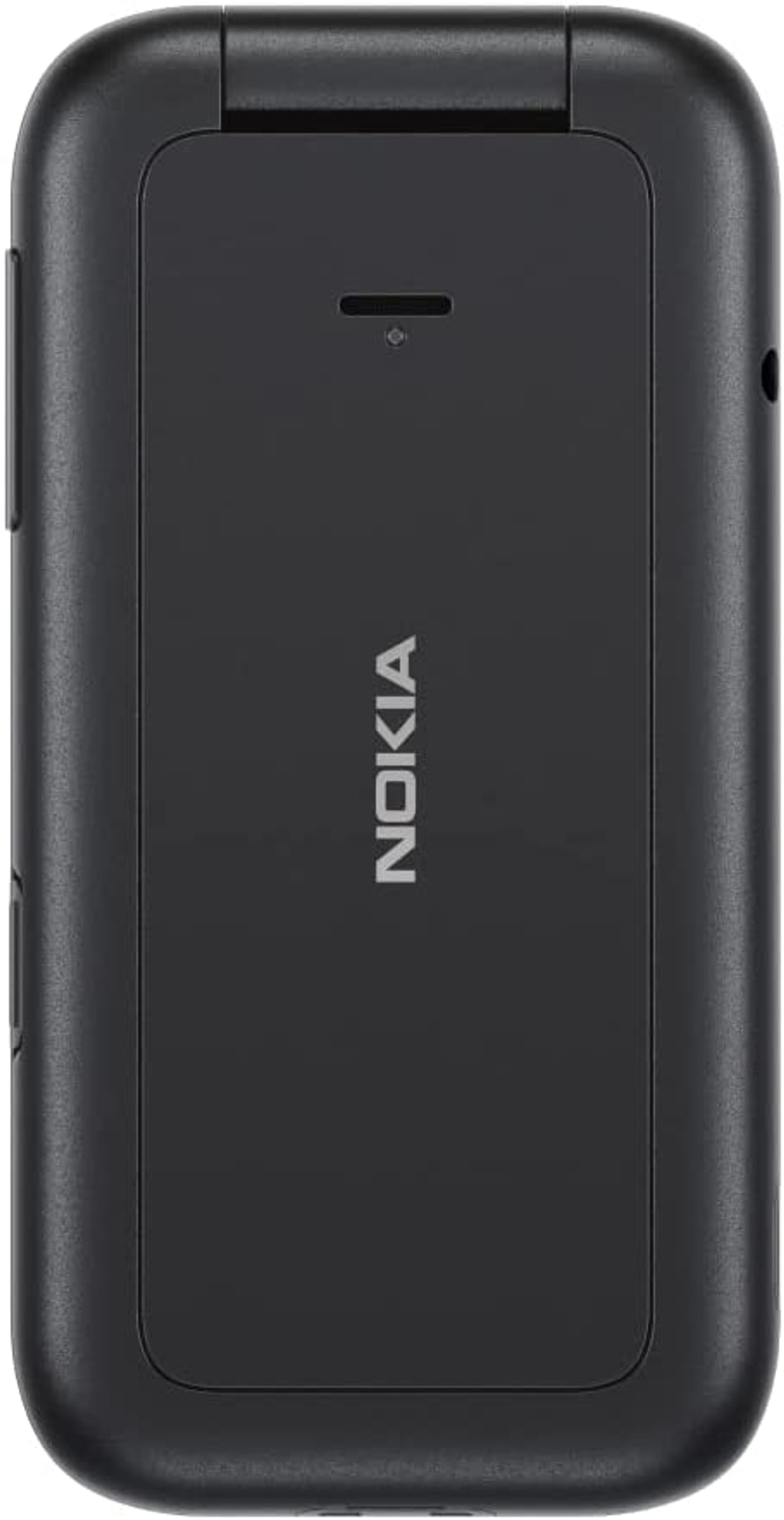 Czarny telefon Nokia z klapką, zamknięty. Logo Nokia jest widoczne.