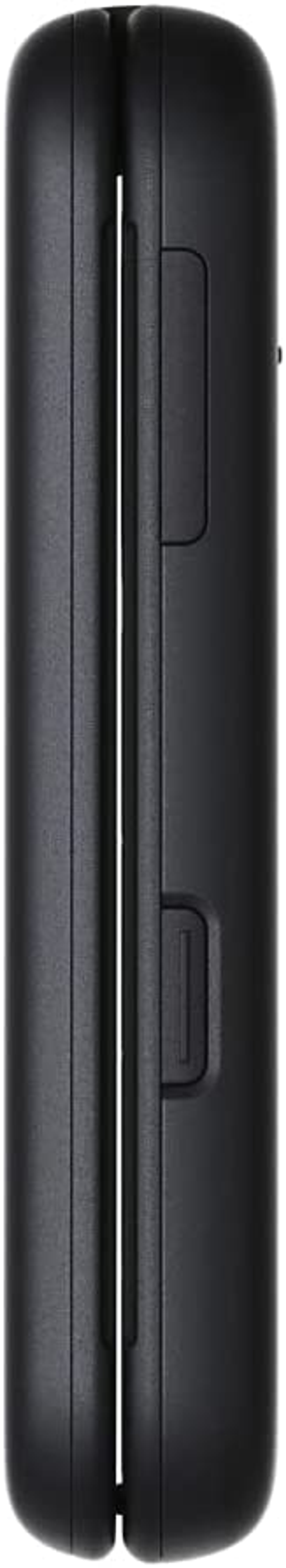 Złożony czarny telefon, pokazujący bok z przyciskami i szwem.