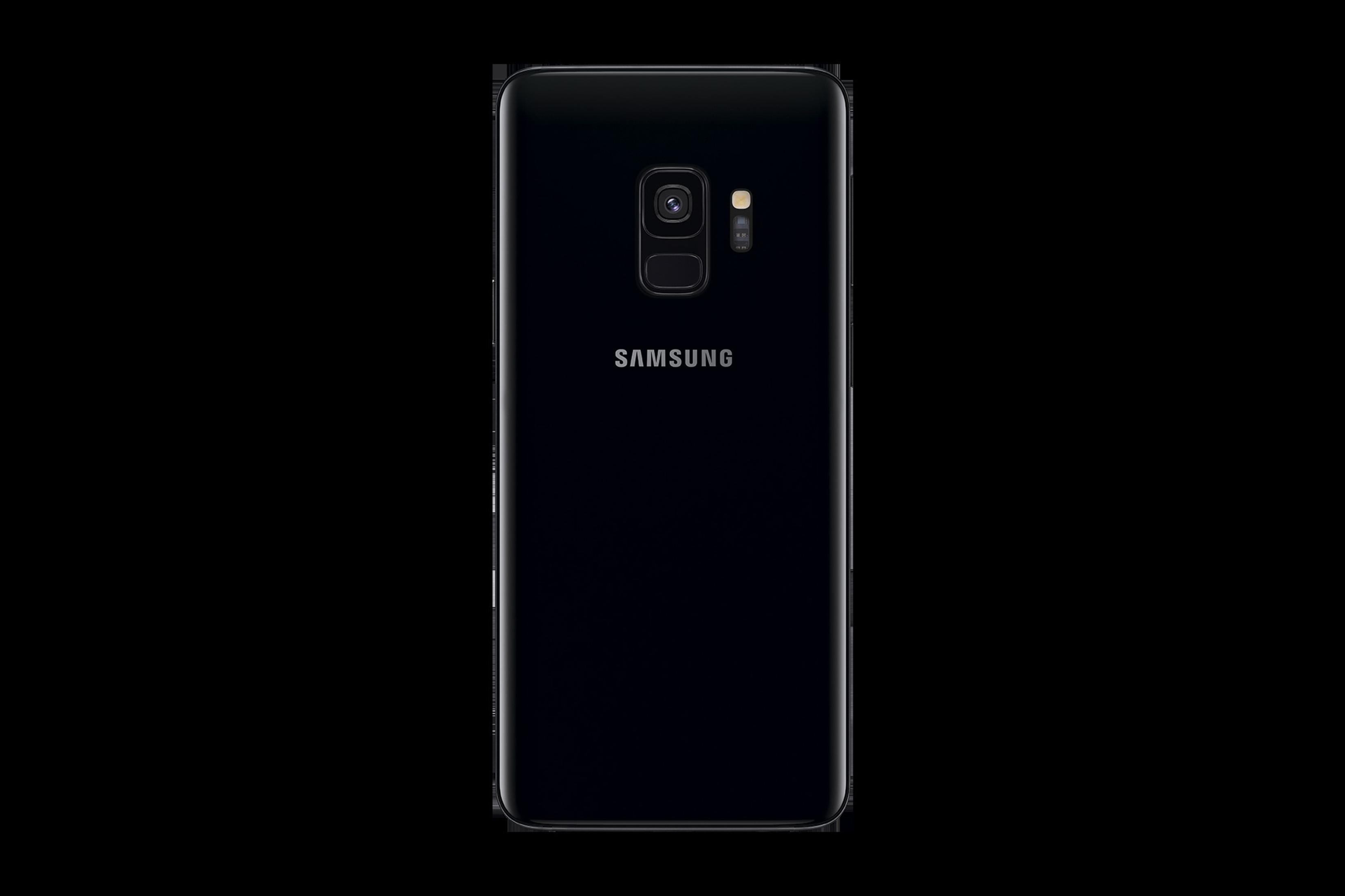 Die Rückseite eines schwarzen Samsung-Telefons wird gezeigt. Es hat eine Kamera und das Samsung-Logo.