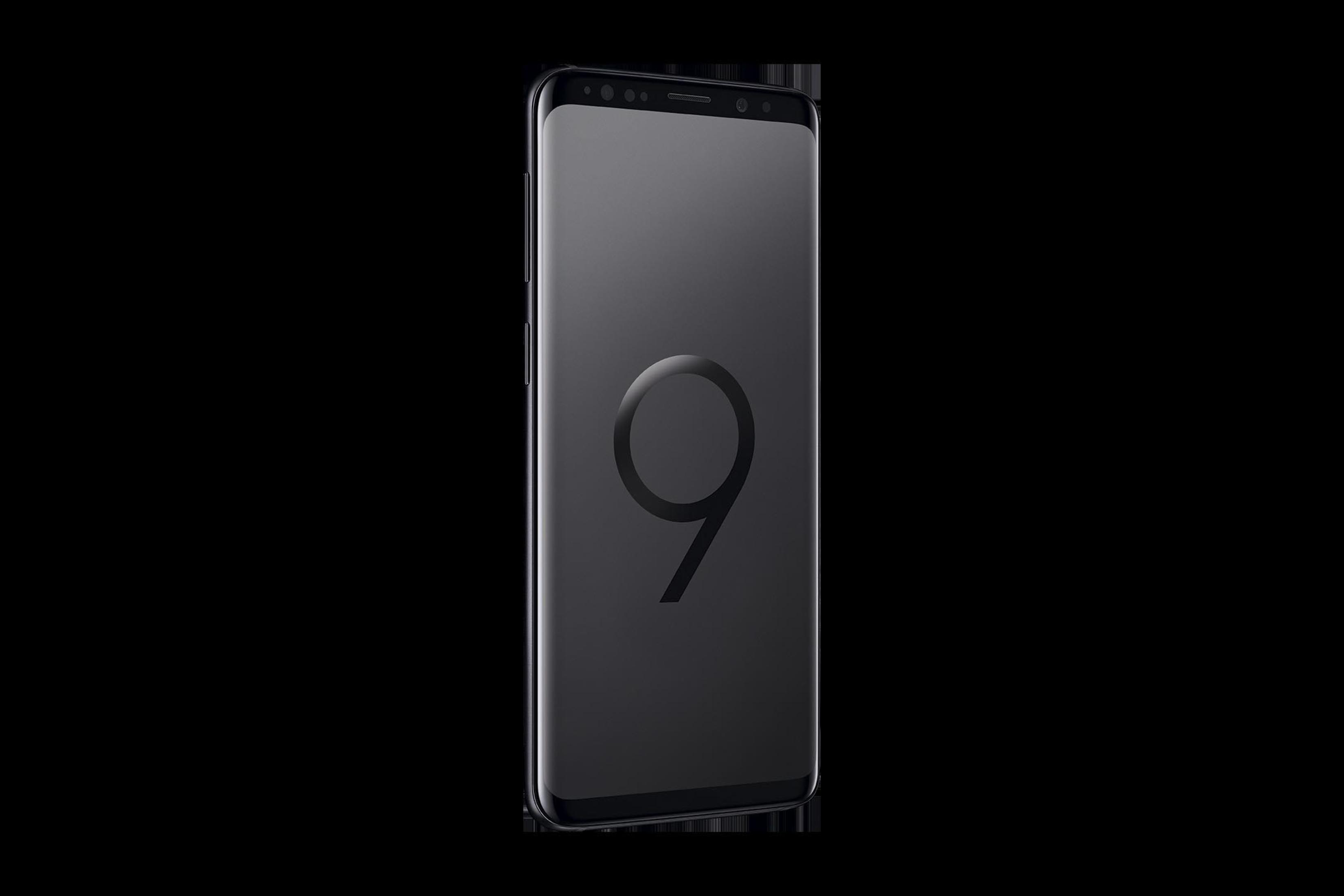 Schwarzes Smartphone mit der Nummer 9 auf dem Bildschirm vor schwarzem Hintergrund.