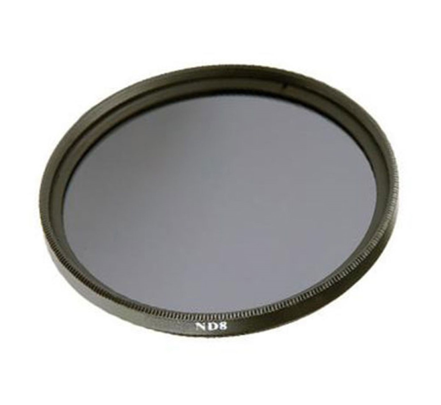Runder ND8-Filter mit dunkelgrauem Glas. Der Filter hat einen schwarzen Ring mit Markierungen.