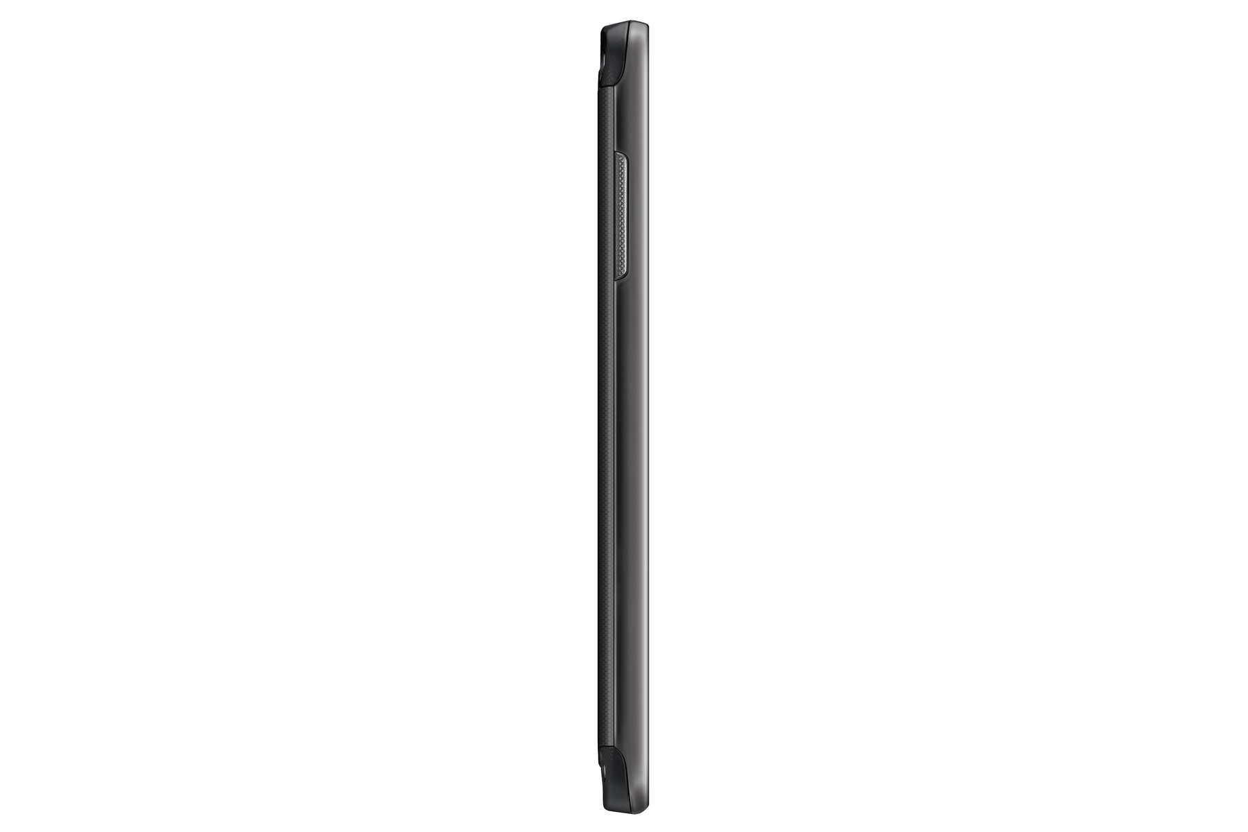 Schlankes schwarzes Telefon, Seitenansicht. Knöpfe an der Seite sichtbar.