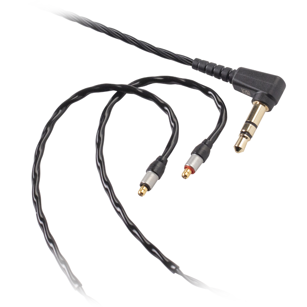 Zwarte audiokabel met connector op een witte achtergrond.