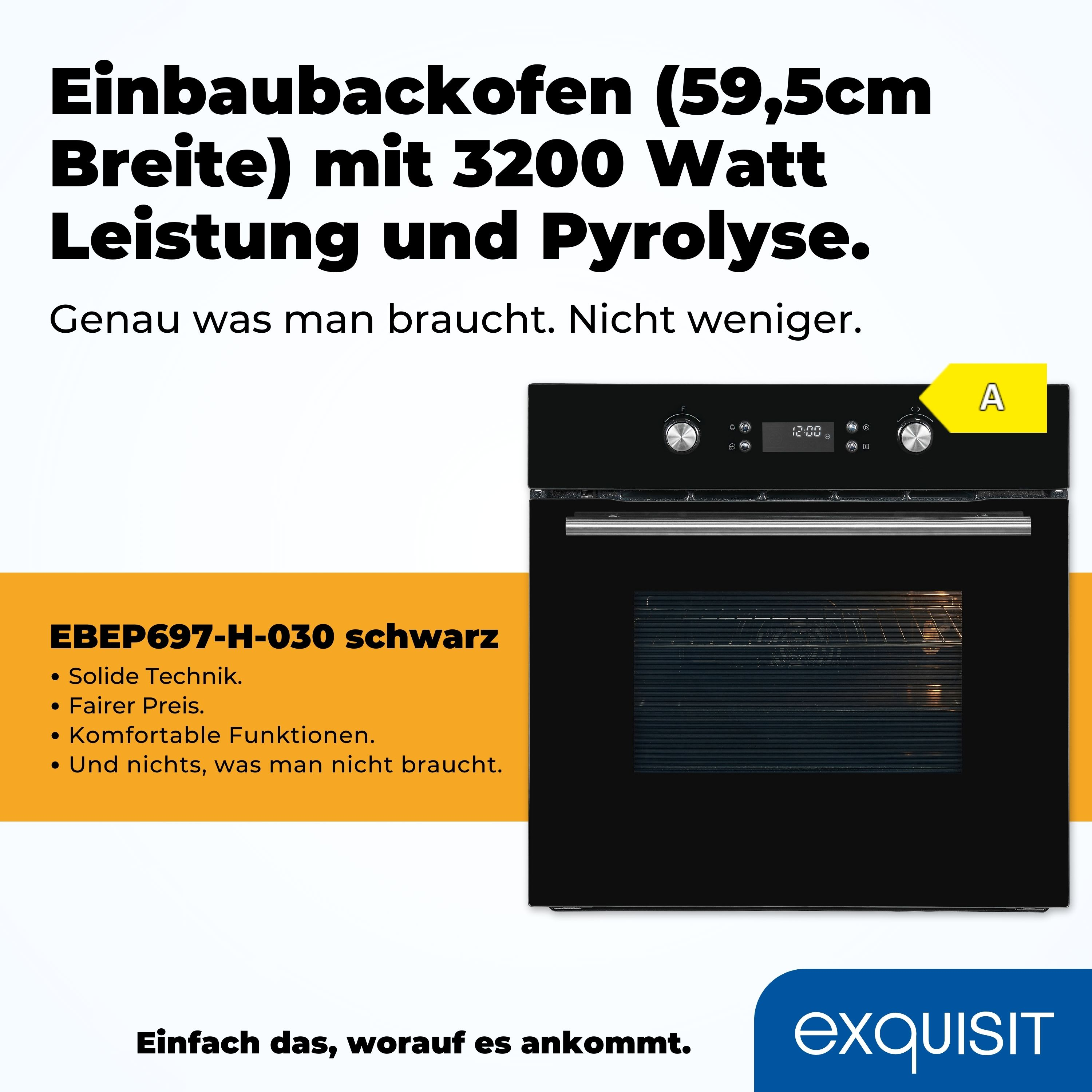 Schwarzer Einbaubackofen mit Text über Funktionen und einem Energieeffizienzlabel.