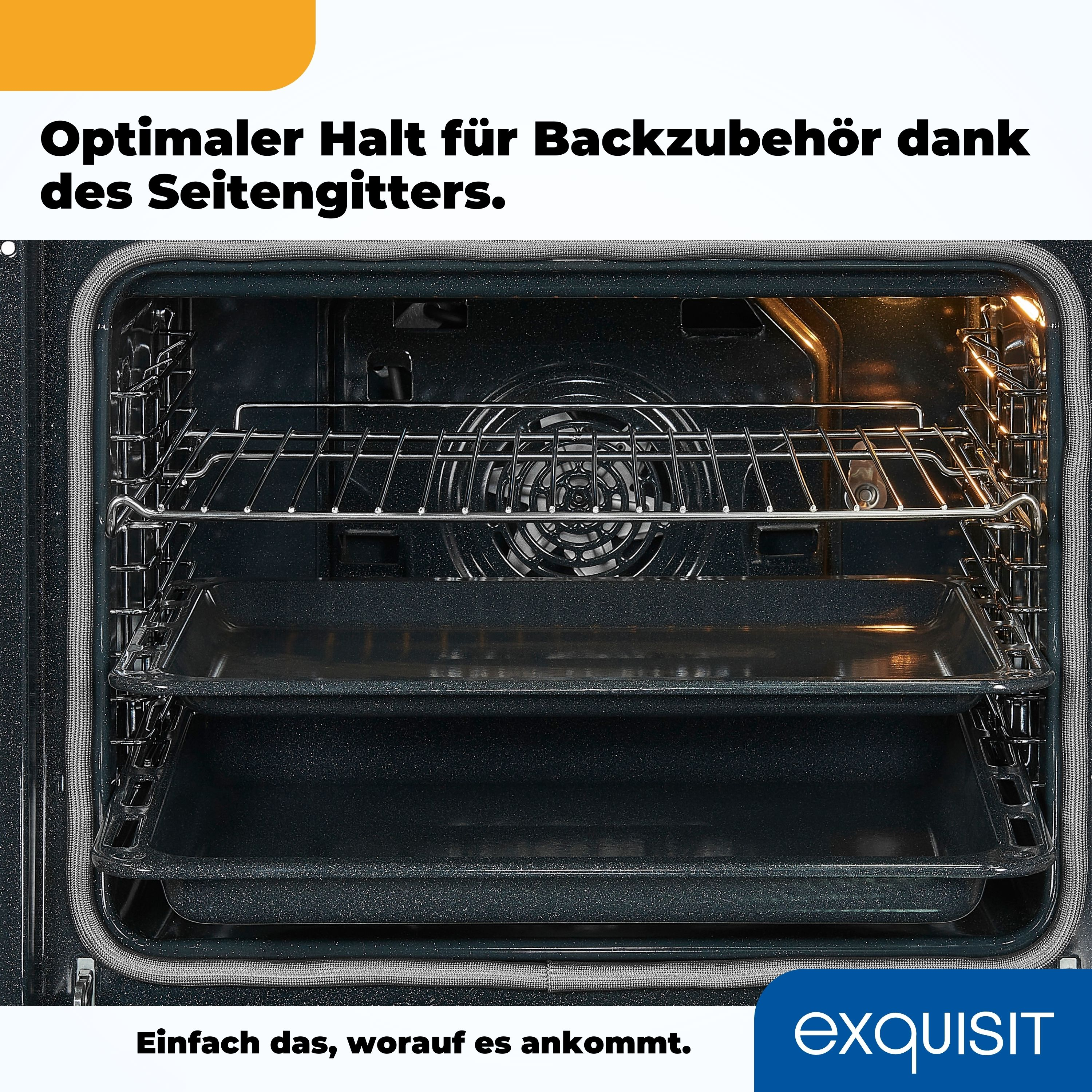 Backofeninnenraum mit Regalen und schwarzem Innenraum. Der Text auf Deutsch ist unten.
