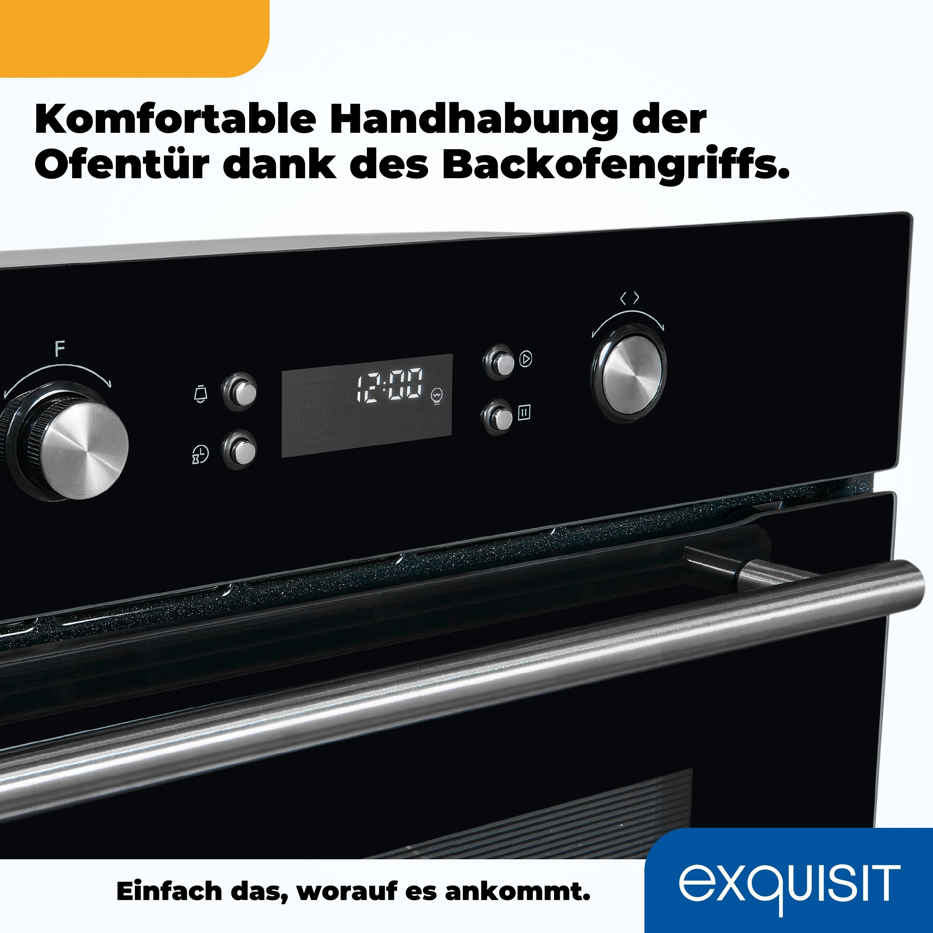 Nahaufnahme eines schwarzen Backofen-Bedienfelds mit Digitalanzeige und Edelstahlgriff.