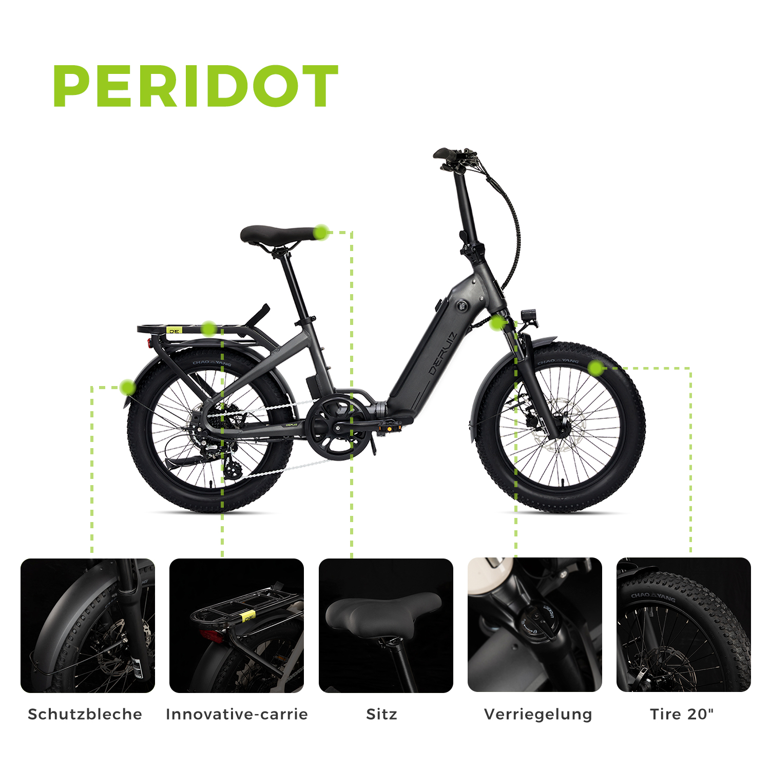 Schwarz-graues Elektrofahrrad mit hervorgehobenen Teilen. Textbeschriftungen zeigen verschiedene Teile.