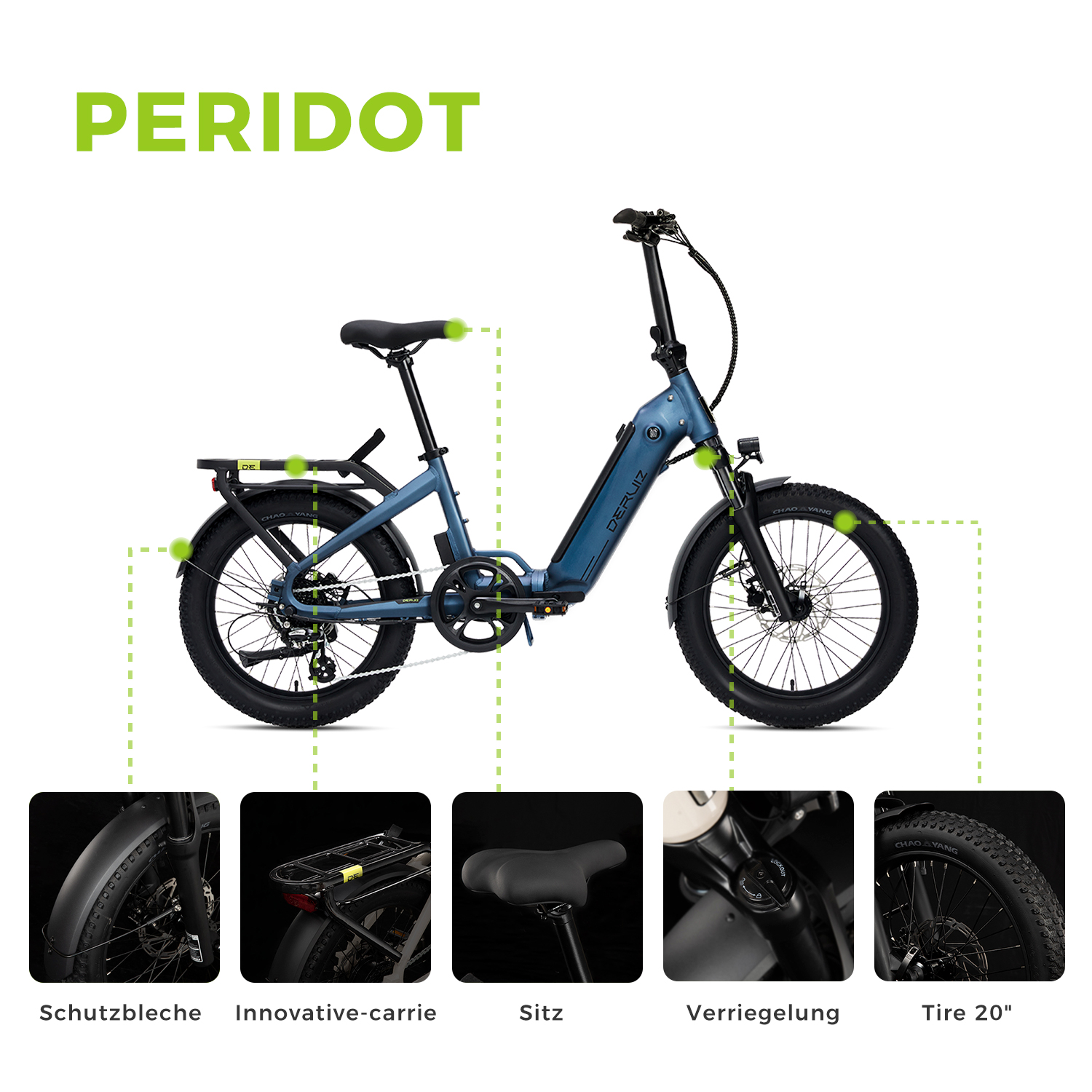 Blaues Elektrofahrrad mit beschrifteten Komponenten: Kotflügel, Gepäckträger, Sitz, Verriegelung, Reifen.