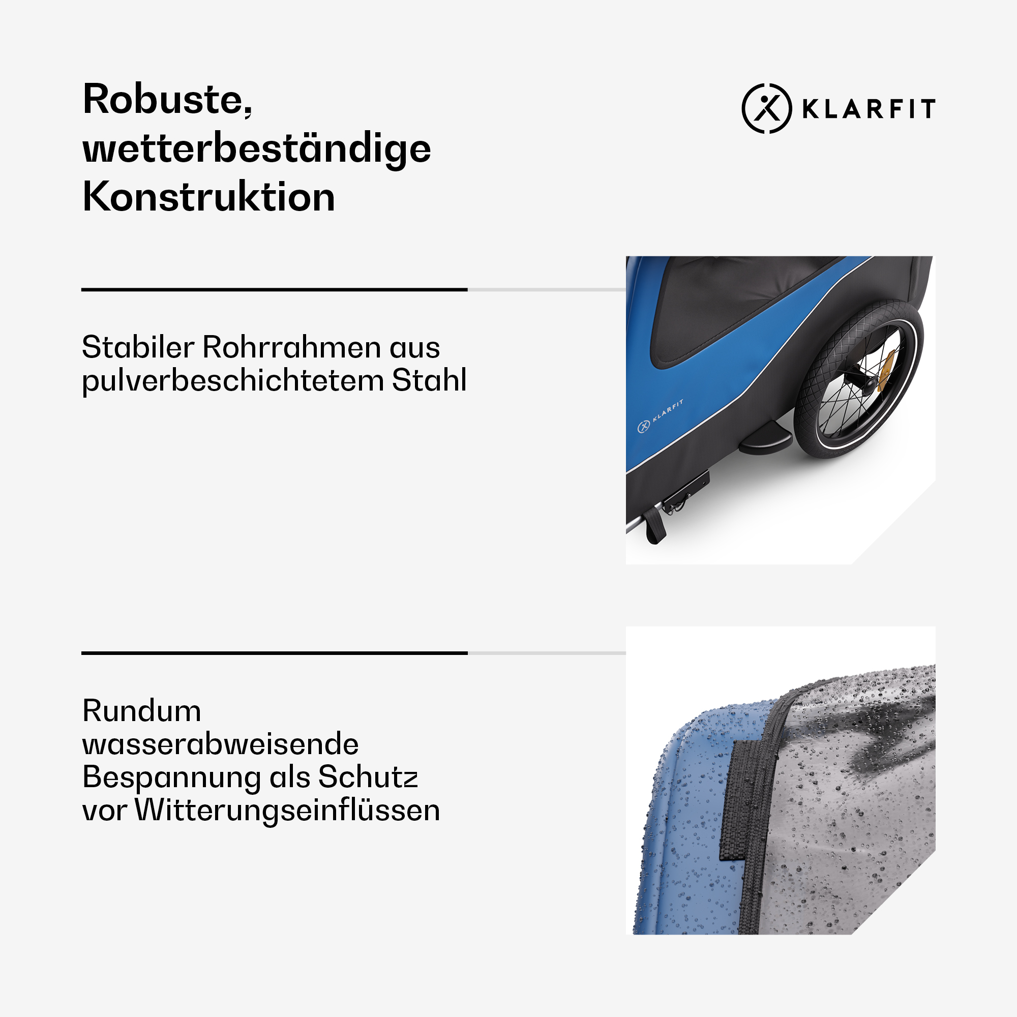Diagramm eines blau-schwarzen Anhängers mit Text. Der Text umfasst Konstruktion und Wasserbeständigkeit.