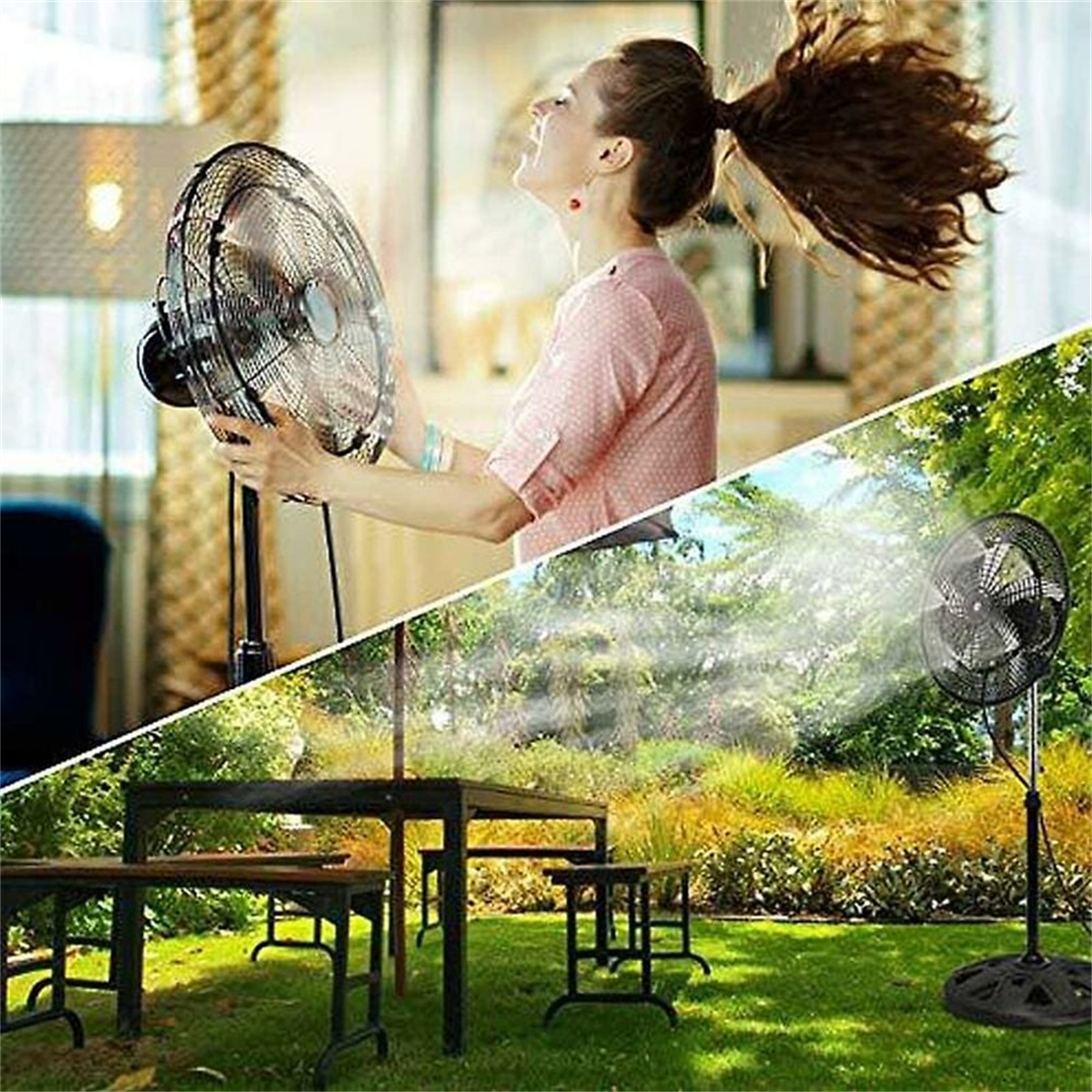Eine Frau steht in der Nähe eines Ventilators. Ein weiterer Ventilator sprüht Wasser im Freien. Beide sind schwarz.