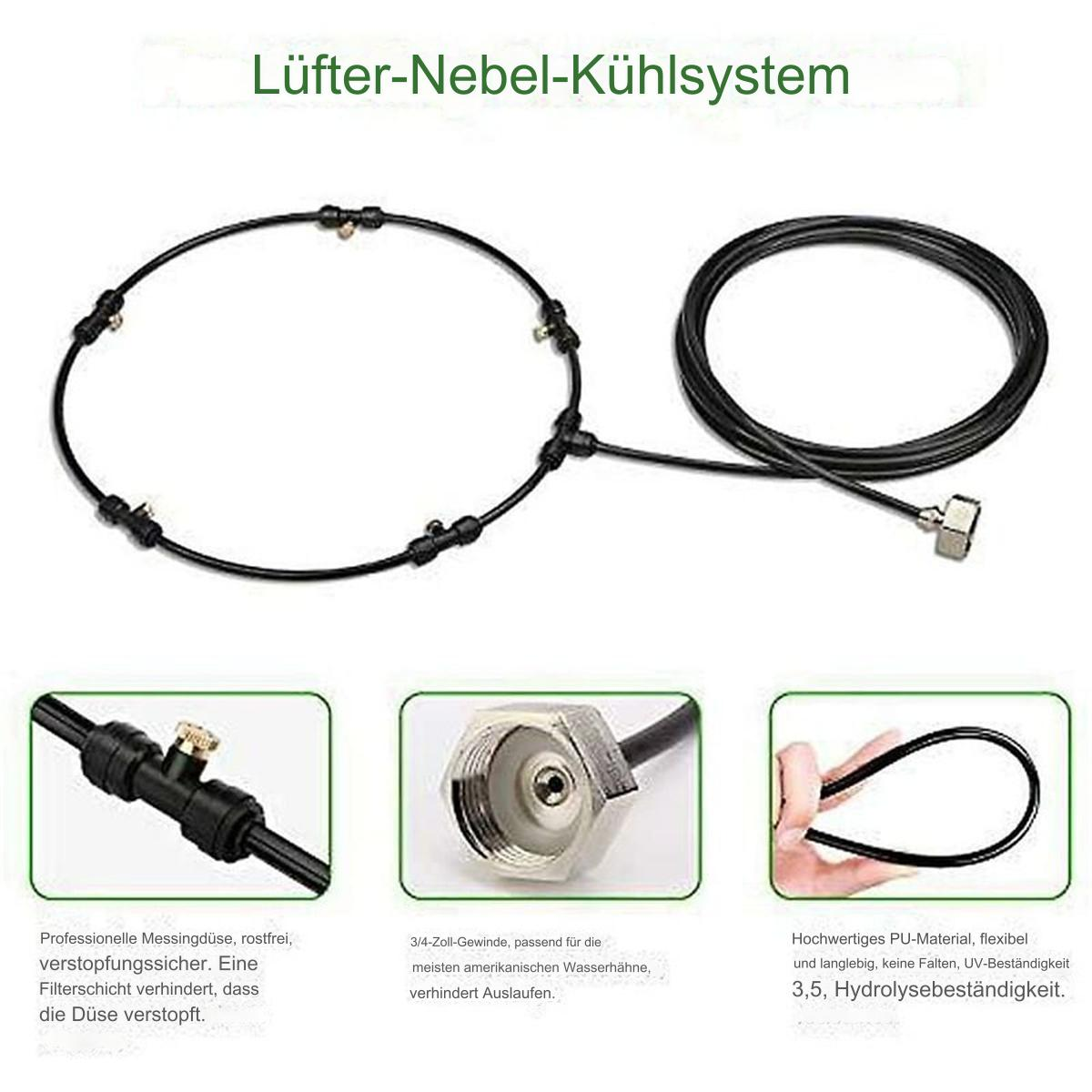 Schwarze Schläuche mit Düsen. Kleine Bilder von Düsen, Armaturen und flexiblen Schläuchen sind vorhanden.
