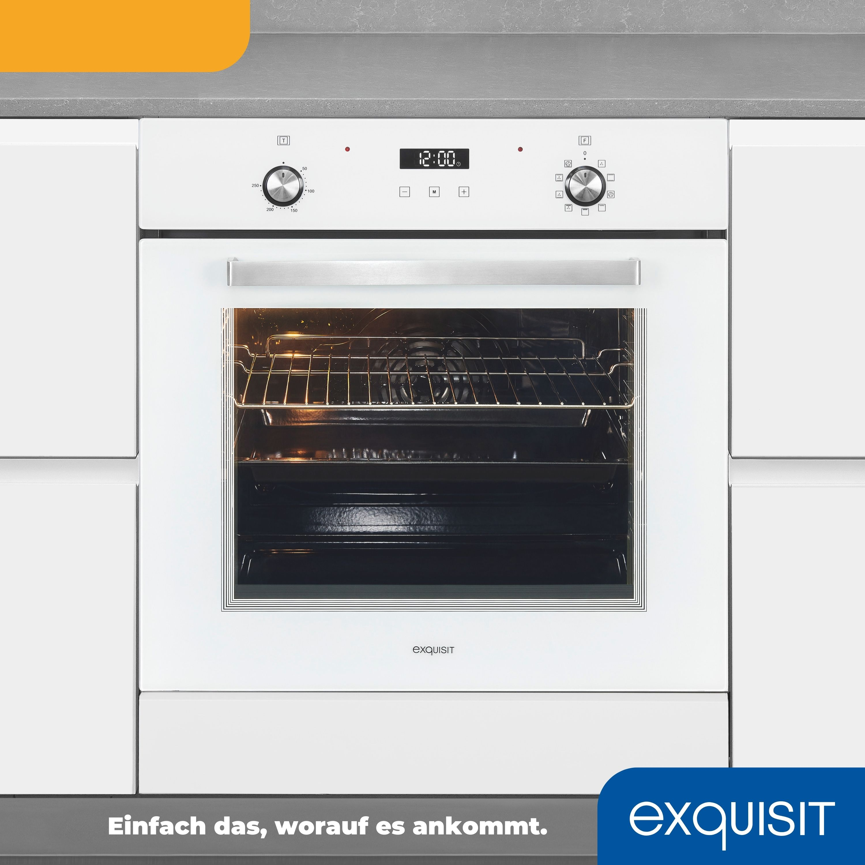 Weißer Einbauofen mit Digitaluhr und zwei Bedienknöpfen. Text auf Deutsch unten.