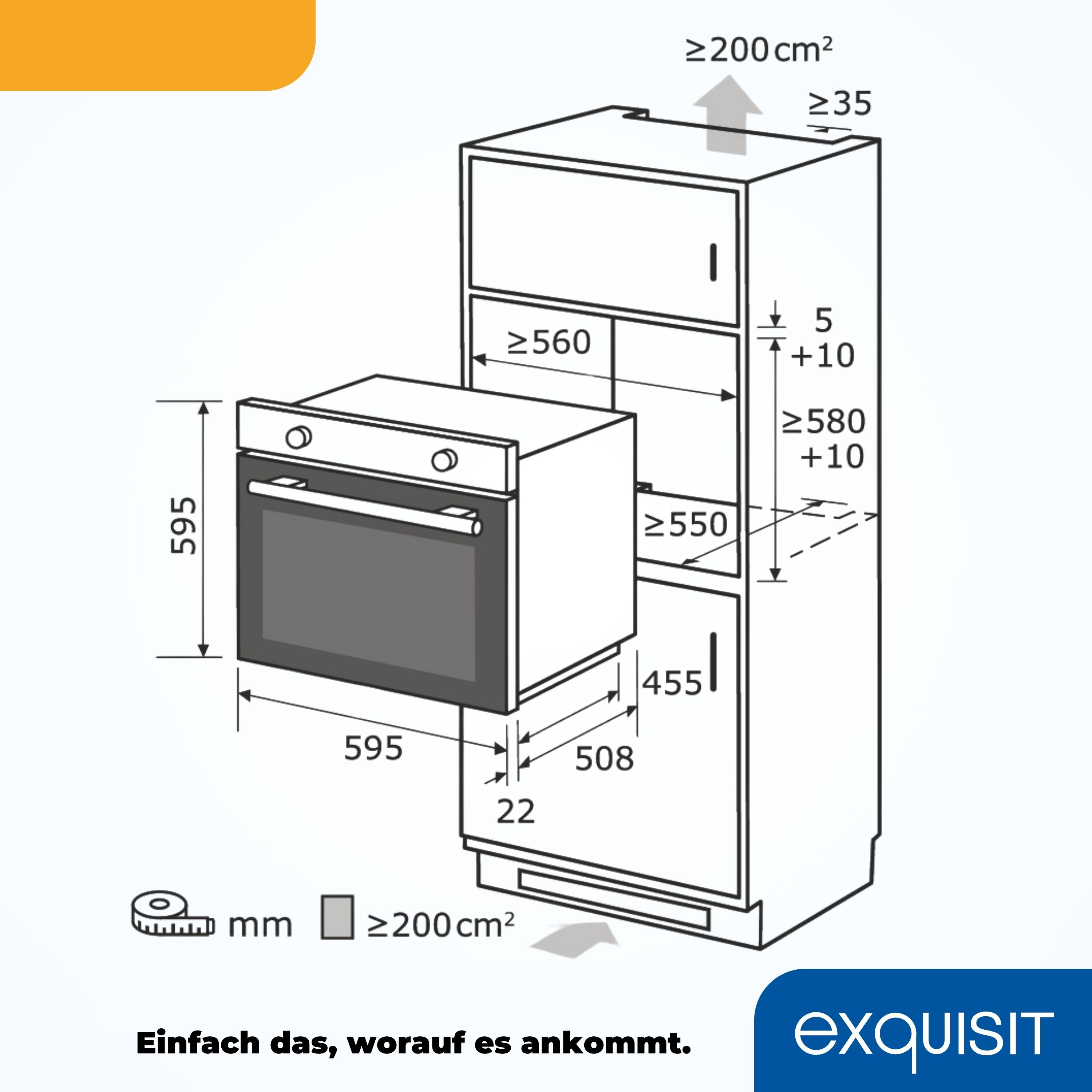 Diagramm eines Einbauofens mit Abmessungen und der Marke 'exquisit' unten.