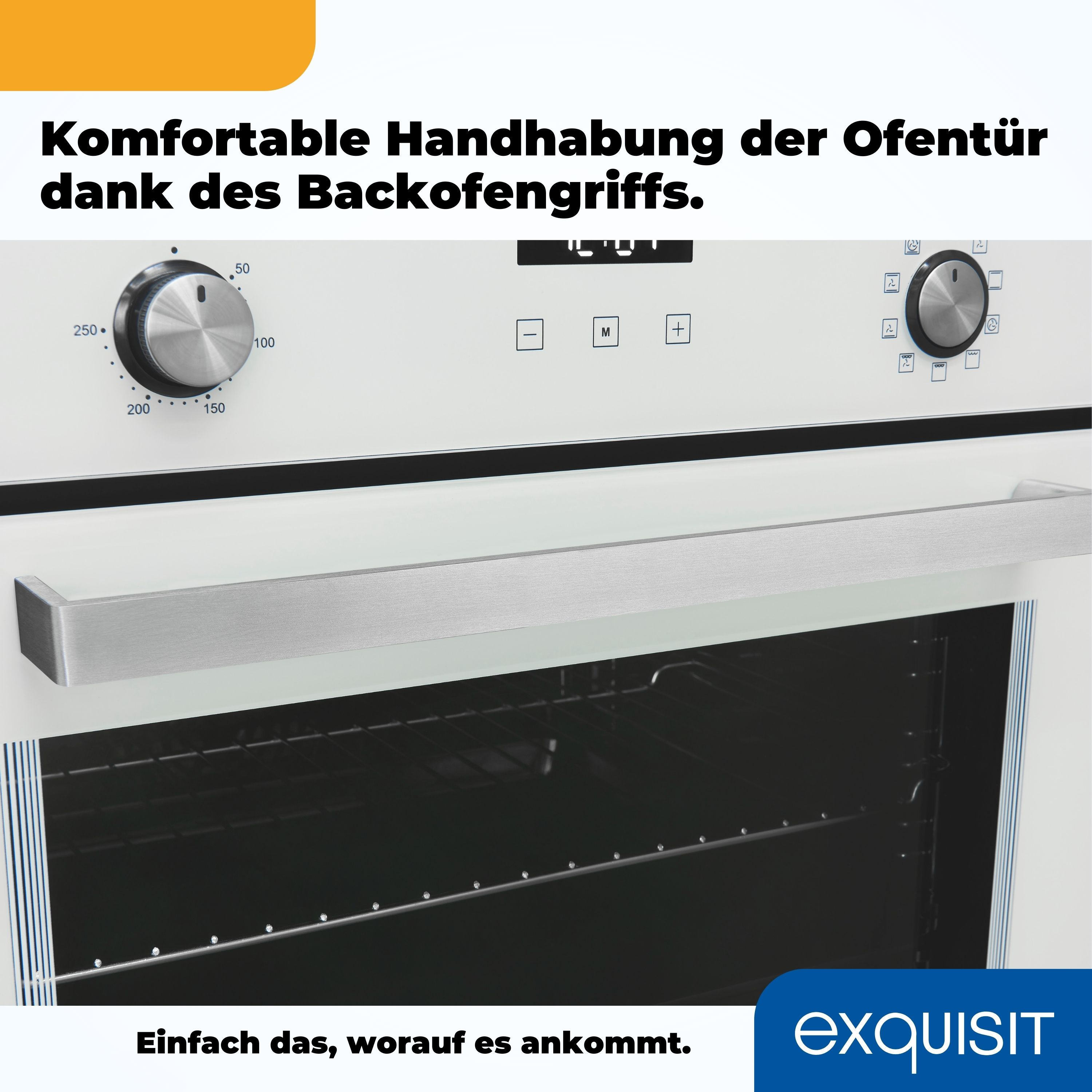 Nahaufnahme eines Ofenbedienfelds mit Griff, Drehknopf und Digitalanzeige. Text ist sichtbar.